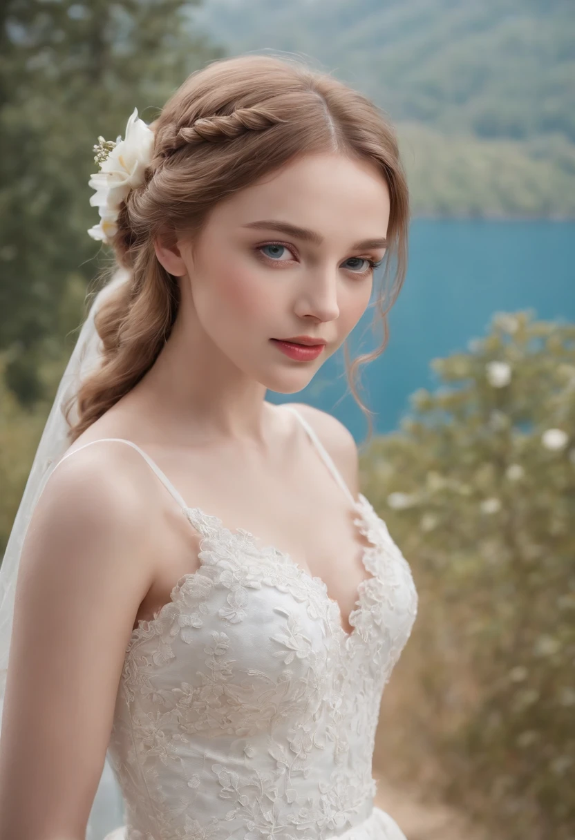 1 beautiful girl, (Realistic:1.3) (full bodyesbian:1.3), standing photo, Stand in front of the blue lake, White wedding dress, Soft dress, blond hairbl, Blue eyes, Wavy hair, Masterpiece, diffused soft lighting, Portrait, Best quality (Perfect face:1.4), Ultra-realistic Highly detailed, Complex and realistic simulation style photos, Cinematic lighting, studio shoot, Elegant Pose,8k