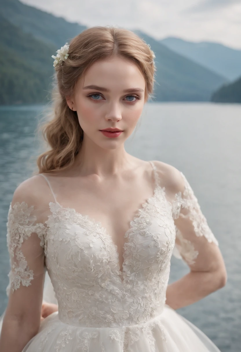 1 beautiful girl, (Realistic:1.3) (full bodyesbian:1.3), standing photo, Stand in front of the blue lake, White wedding dress, Soft dress, blond hairbl, Blue eyes, Wavy hair, Masterpiece, diffused soft lighting, Portrait, Best quality (Perfect face:1.4), Ultra-realistic Highly detailed, Complex and realistic simulation style photos, Cinematic lighting, studio shoot, Elegant Pose