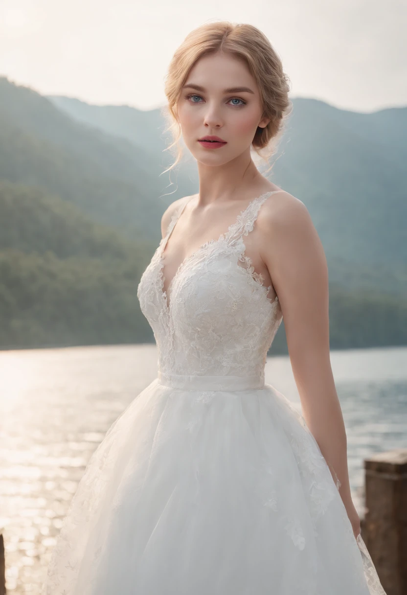 1 beautiful girl, (Realistic:1.3) (full bodyesbian:1.3), standing photo, Stand in front of the blue lake, White wedding dress, Soft dress, blond hairbl, Blue eyes, Wavy hair, Masterpiece, diffused soft lighting, Portrait, Best quality (Perfect face:1.4), Ultra-realistic Highly detailed, Complex and realistic simulation style photos, Cinematic lighting, studio shoot, Elegant Pose