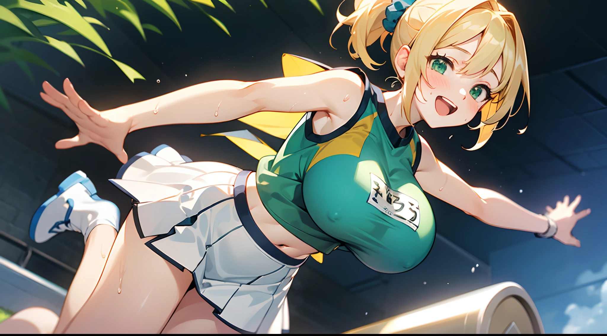 1 girl, game CG, see-through sleeveless blue gym uniform, belly button visible, short white skirt, hair scrunchie, gigantic breasts, blonde, middle hair, side ponytail, green eyes, outdoor, jumping, sweat, smile, open mouth, raise your arms,