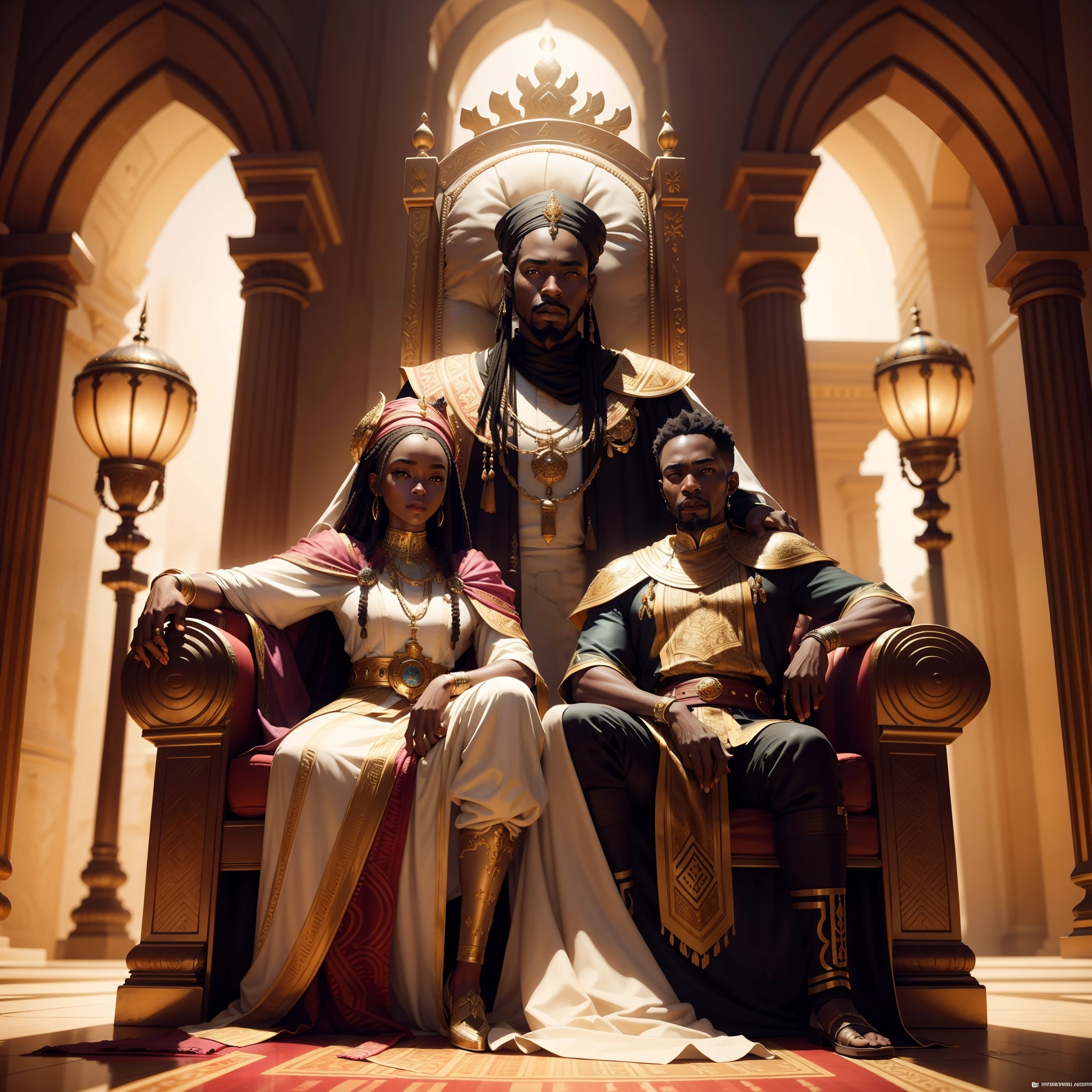 African king sitting on an African designed iron throne, in An African palace surrounded by African maids in african designed clothes, cgsociety 9, with iridescent light, 32k, ultra HD, unreal engine rendered, cinematic lighting, artgerm style, bright and vibrant colours, photorealistic image,