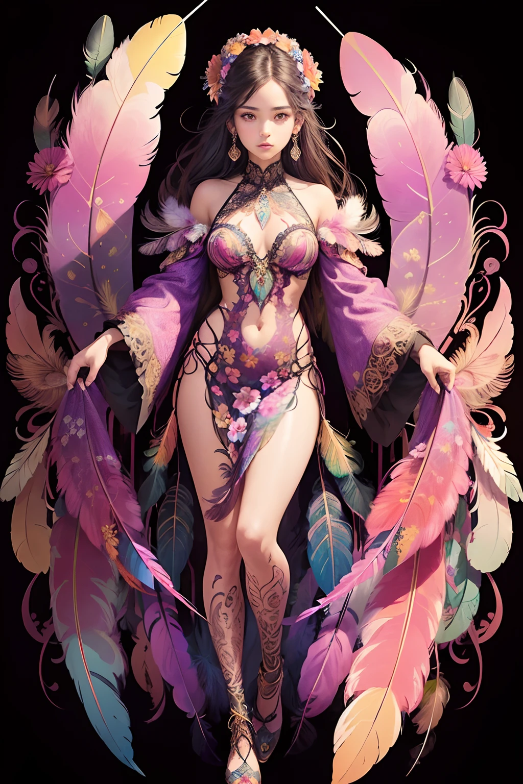 (Official art, Beautiful and aesthetic:1.2), (1girl in:1.3),(Fractal Art:1.1),(Colorful:1.1)(Flowers:1.3),highest details,(Zentangle:1.2), Full body, (Abstract background:1.3), (Shiny skin), (Many colors:1.4), ,(earrings), (Feathers:1.5),