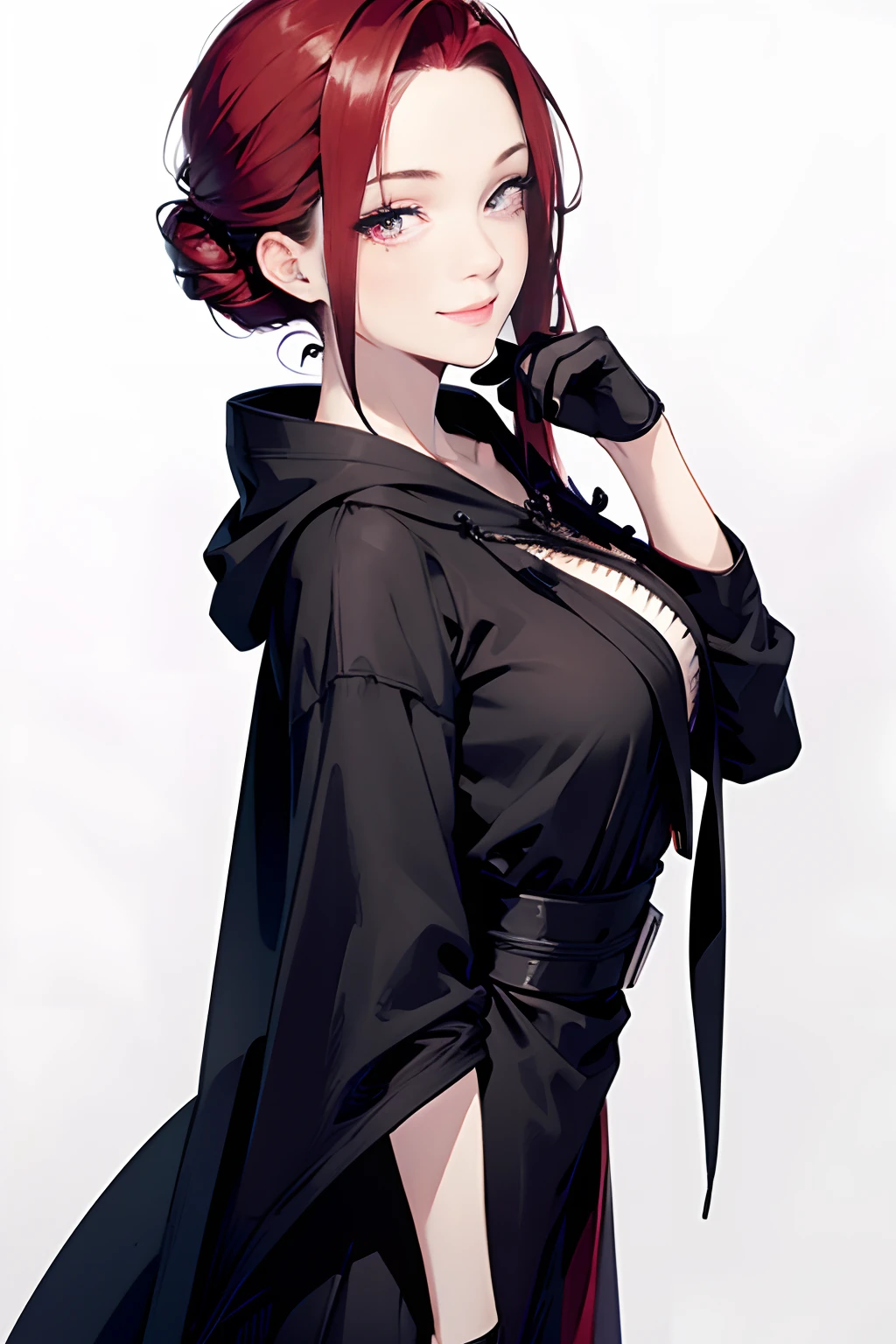 zydink, ink sketch , monochrome, 21 year old beautiful woman, straplless dress, redhead, ((corkscrew hairstyle)) (((up turned eyes))) (((looking at viewer))) happy feminine smile, cloak and hoodie