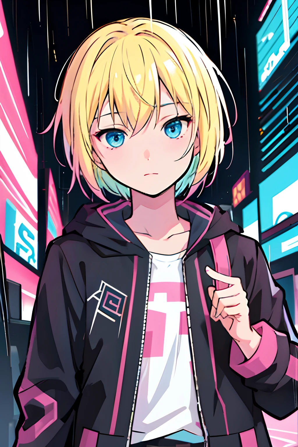 solo, 1girl, (masterpiece), ((16 year old appearance)), Blonde hair, short hair, blue eyes anime girl, black and pink jacket, Black skirt, cyberpunk city, rain