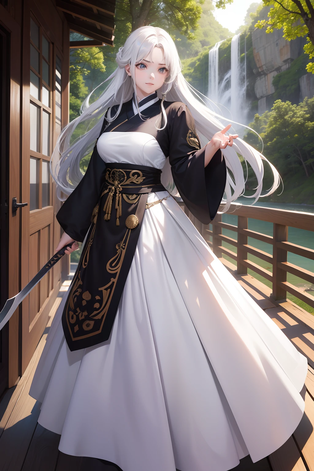 Divindade de cabelos longos sedosos, cabelos negros, olhos astutos, usando uma roupa sensual hunfa antiga Wuxia, voluptuosa fisicamente, seios grandes,athletic size, roupas cor vermelhas, holding with one hand a Wu Dang sword,at first crossing a wooden bridge  (cena detalhada, Filmes, natural  lightting)