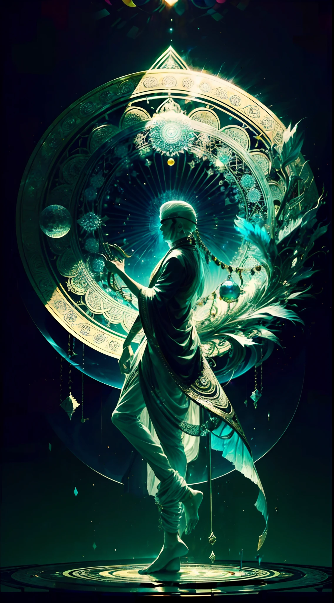 A Mandala floats in the Sky, (An Indian man stands in front of the magic circle facing the camera: 1.4), (entangle, mandala, geometric abstract, tangle),halberd in left hand, grimoire in right hand, Roaring Black tiger floats above, Black and green color theme, masterpiece, surrealism, ray tracing, 4K