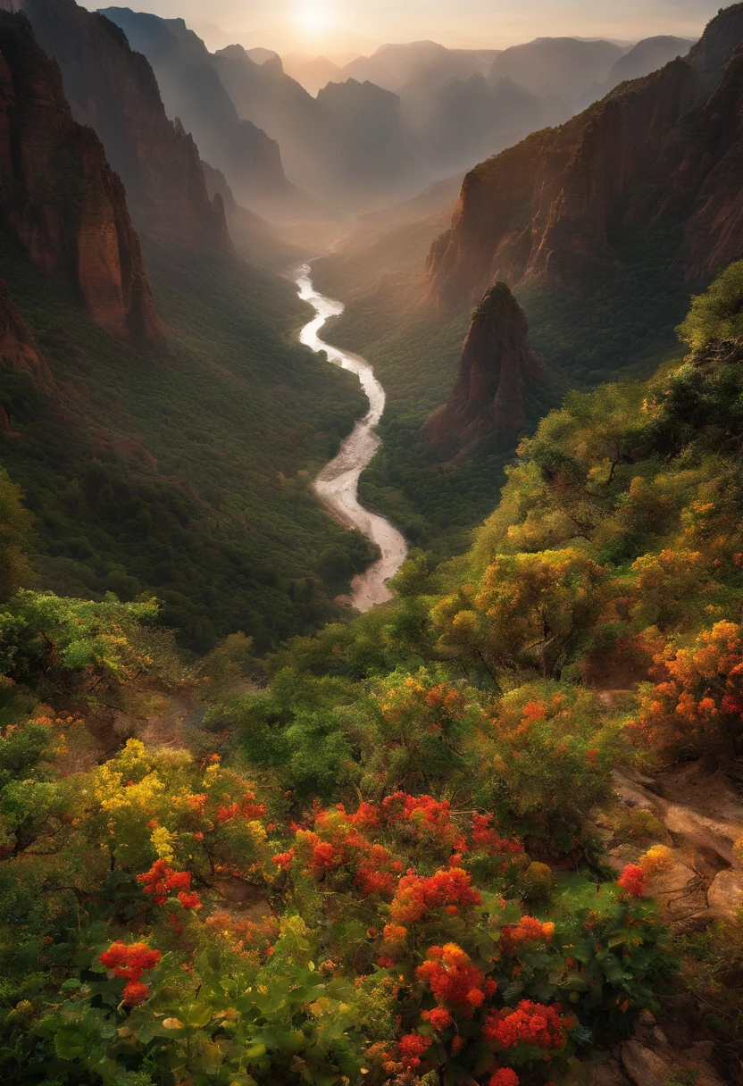 (best quality,4k,8k,highres,masterpiece:1.2),ultra-detailed,realistic,(vivid colors:1.1),wide-angle,horizontal,majestic,mesmerizing,grand,immense,awe-inspiring,spectacular,panoramic,untouched nature,gigantic cliffs,deep,deep canyons,stretching,unfathomable depths,multi-layered rocks,majestic colors,diverse vegetation,green forests,desert-like,dry,arid,sunlit,shining brightly,natural wonder,scenic beauty,sunrise,sunset,mountains in the distance,majestic river,flowing serenely,far-reaching view,peaceful atmosphere,towering heights,colossal formation,awe-struck,tranquil silence,vast expanse,distant horizon,magnificent landscape,surrounded by nature's beauty