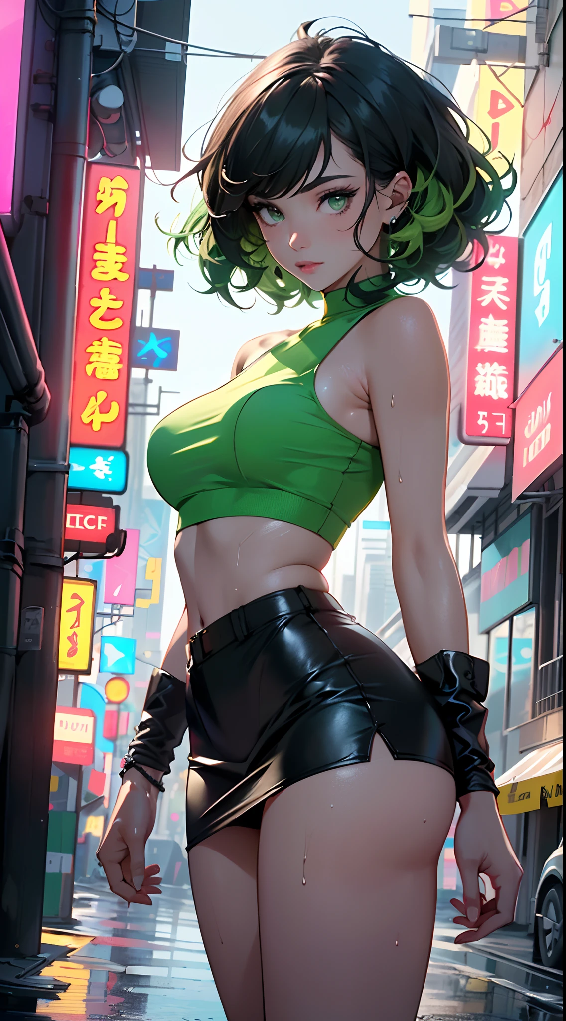 girl youtuber,(((1girl))),((extremely cute and beautiful green curly-haired girl)),

(short breasts:1.4),(((green curly hair:1.35,very curly hair,colored inner hair,ear breathing,short hair))),(((green eyes:1.3))),intricate eyes,beautiful detailed eyes,symmetrical eyes,((fat)),(((lustrous skin:1.5,bright skin: 1.5,skin tanned,shiny skin,very shiny skin,shiny body,plastic glitter skin,exaggerated shiny skin,illuminated skin,wet legs))),delicate detailed fingers,detailed body,human hands,(detailed face),

cute,slutty,seductive,erotic,(((nsfw))),

zettai ryouiki,revealing clothing,show skin,((rave mini-skirt,visible thong straps,white loose tank top with an pop art print)),((wet clothes,intricate outfit,intricate clothes)),

(dynamic pose:1.0),embarrassed,(centered,scale to fit dimensions,Rule of thirds),

cyberpunk city by the ocean at night, with bright neon signs and dark stormy clouds and puddles, scenery:1.25,(cyberpunk:1.4),

motor irreal:1.4,UHD,La mejor calidad:1.4, fotorrealista:1.4, textura de la piel:1.4, obra maestra:1.8,highres, sharp focus, (ultra detailed, extremely detailed), (photorealistic artwork:1.37),(extremely detailed CG unity 8k wallpaper),((synthwave background theme)),(((vibrant colors))),(intricate background),(masterpiece),(best quality),