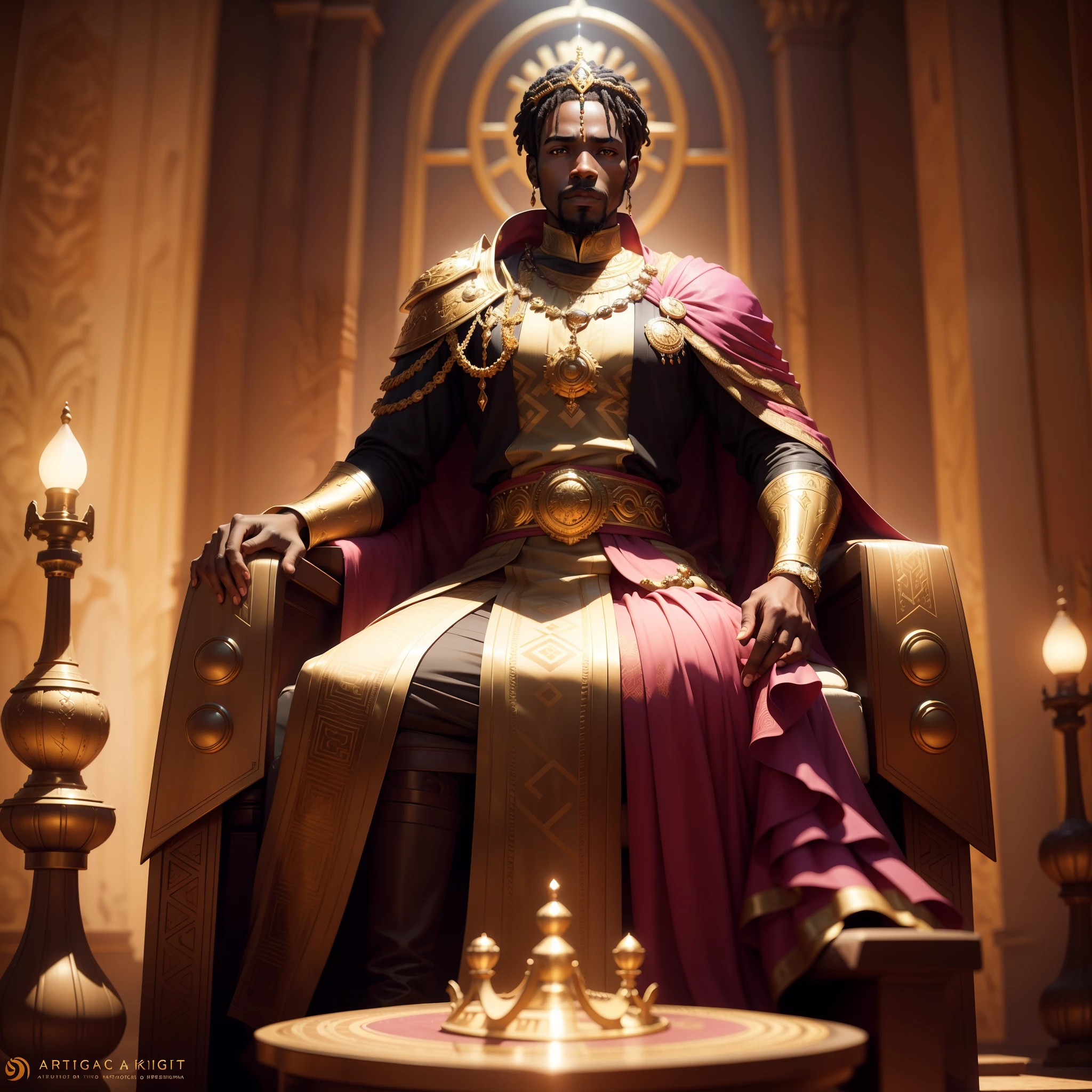 African king sitting on an African designed iron throne, in An African palace surrounded by African maids in african designed clothes, cgsociety 9, with iridescent light, 32k, ultra HD, unreal engine rendered, cinematic lighting, artgerm style, bright and vibrant colours, photorealistic image,