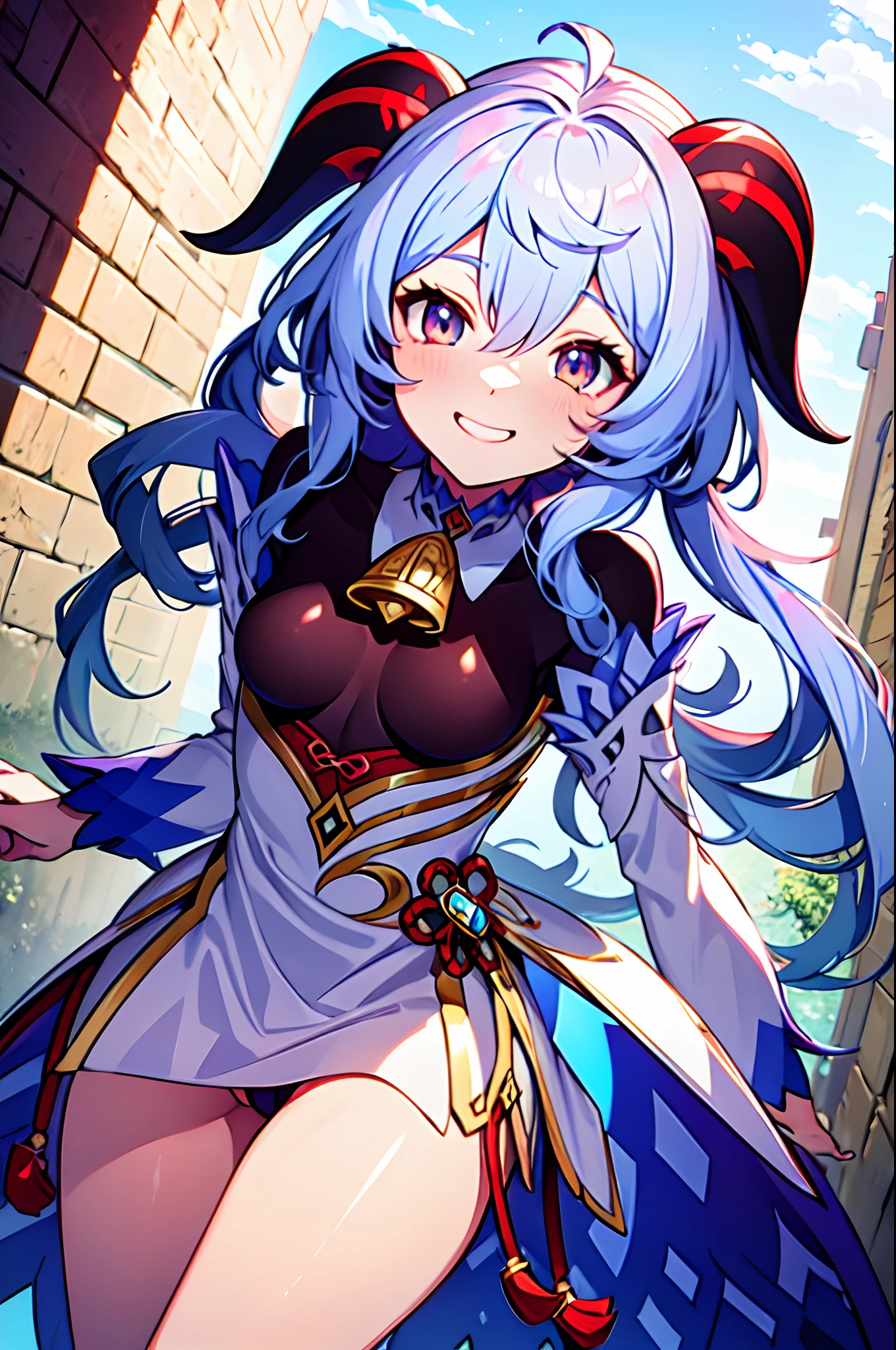 Masterpiece, best quality, anime picture, anime style, Ganyu \(Genshin Impact\), sentada sobre una mesa, vista desde arriba, sonrisa, 1girl, twin horns, HDR, en lenceria sexy, visible pussy, sonrojo, colorful pastel fantasy.