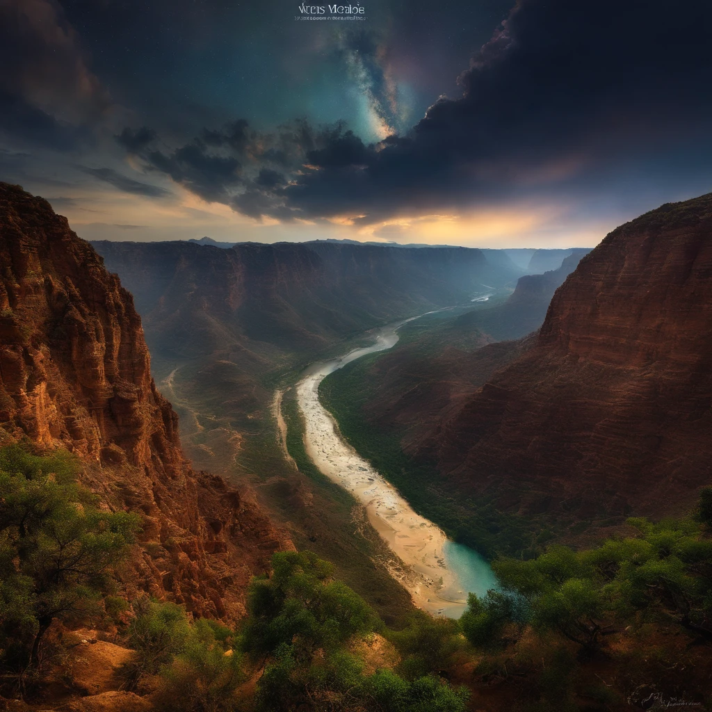 (best quality,4k,8k,highres,masterpiece:1.2),ultra-detailed,realistic,(vivid colors:1.1),wide-angle,horizontal,majestic,mesmerizing,grand,immense,awe-inspiring,spectacular,panoramic,untouched nature,gigantic cliffs,deep,deep canyons,stretching,unfathomable depths,multi-layered rocks,majestic colors,diverse vegetation,green forests,desert-like,dry,arid,sunlit,shining brightly,natural wonder,scenic beauty,sunrise,sunset,mountains in the distance,majestic river,flowing serenely,far-reaching view,peaceful atmosphere,towering heights,colossal formation,awe-struck,tranquil silence,vast expanse,distant horizon,magnificent landscape,surrounded by nature's beauty