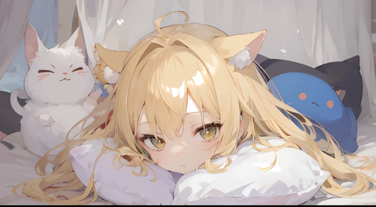 Makima, lying on bed, belly up, cozy, masterpiece), best quality, ((Makima cat ear)), no_humans, animal, furry, demihuman focus, Makima