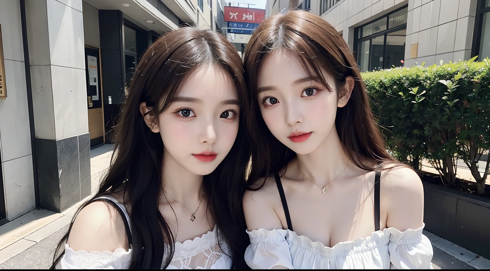 (High-resolution 8K raw photos are realistic,best qualtiy)，Fashion trendy beautiful and charming woman，gentle and charming Chinese beautiful woman，Korea,Kpop idol，delicate and sexy collarbones，charming oval face，二重まぶた，Ingenious[peaches]flower eyes，redish pink lips，small-nose，exposed bare shoulders，focus at face，closeup of face，Hyper-detailing，Blue off-the-shoulder long-sleeved top，White hip wrapped skirt，Light red hair，(Background bokeh，cleavage，A half body，中景 the scene is，Solo)，Lace，lacing，head gear， Fresh and impressive， natural color，(pedestrian street，cbd,rays of sunshine，outside，LV shoulder bag for women，cellular phone)，Front light，Sitting on the side of the street