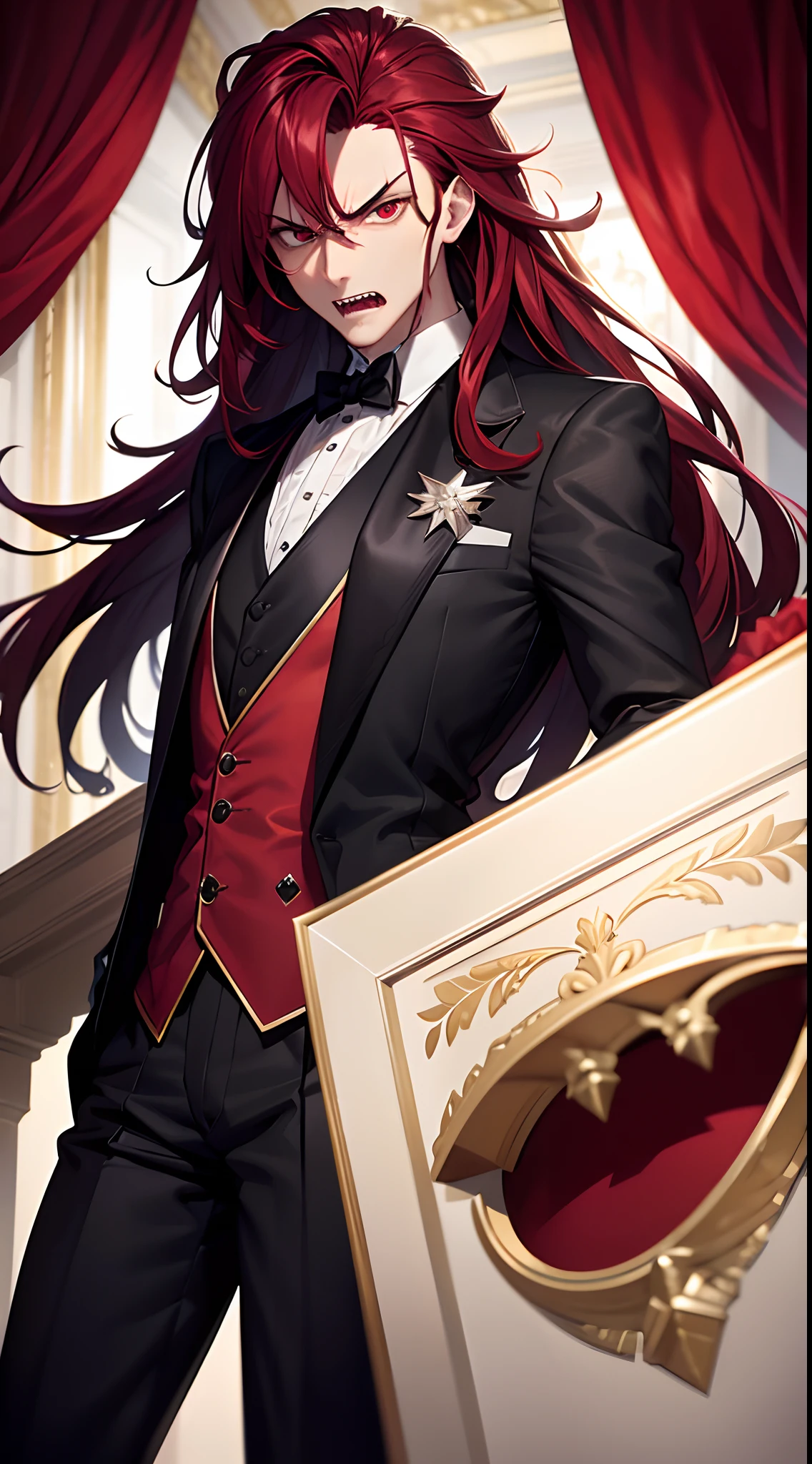 8k, masterpiece, extreme detail, expressive clothing, expressive hair, expressive face, 1male, ruby long hair, red eyes, tuxedo, white gloves, black pants, angry, sharp teeth, luxury, mansion