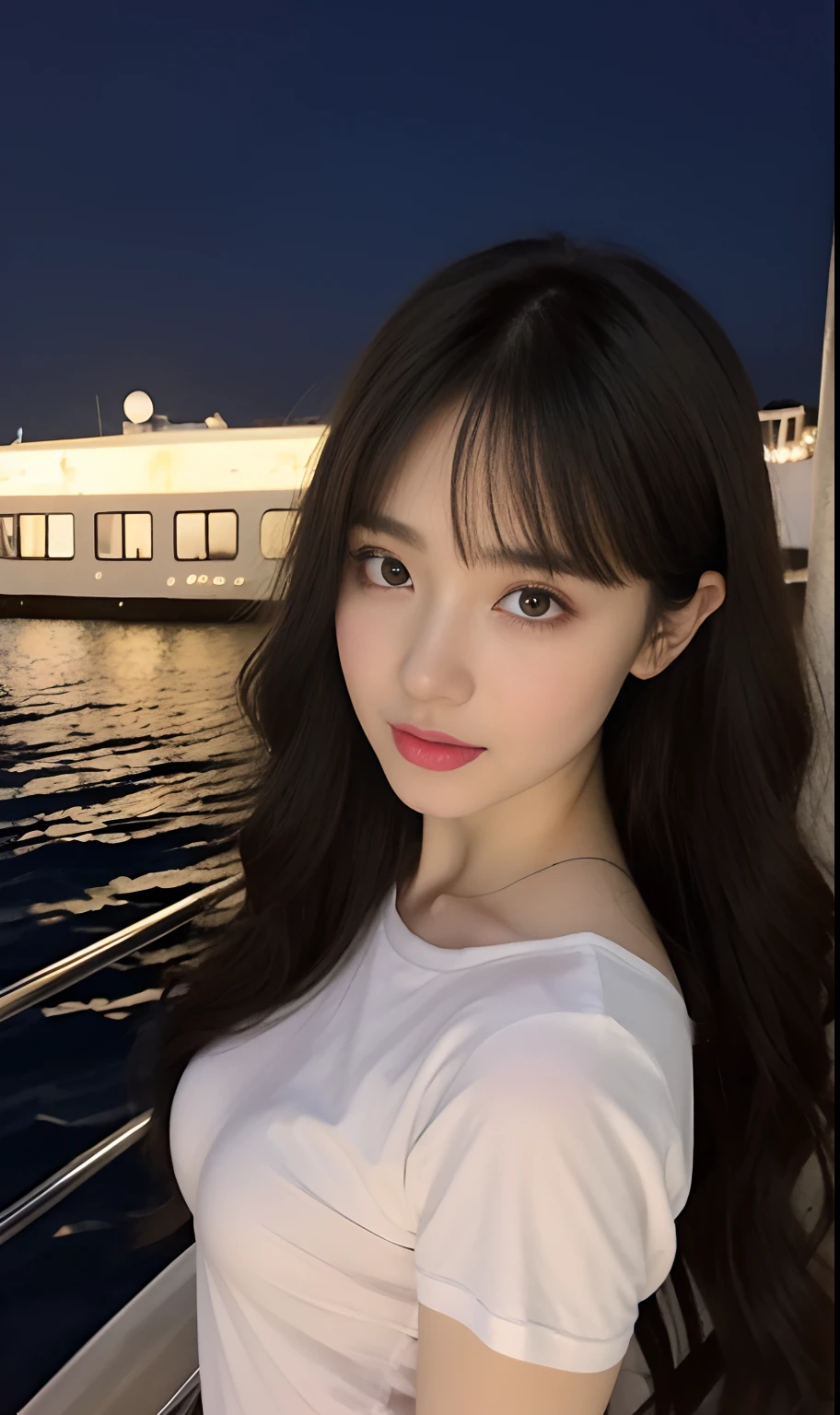 (Original photo of 8K,best qualtiy,tmasterpiece:1.2),(Medium view),the night,Night on a yacht,Sea and night view in the background,best qualtiy,tmasterpiece,(Small mouth:1.2),short- sleeved,short- sleeved,short- sleeved,short- sleeved,an extremely delicate and beautiful one,,astounding,finely detailled,tmasterpiece,Best quality at best,(age 22:1.2),Narrow waist,Slim,is shy,Pure,adolable,Bushy hair,Soft hair,big breasts beautiful,A detailed eye,(long whitr hair:1.2)