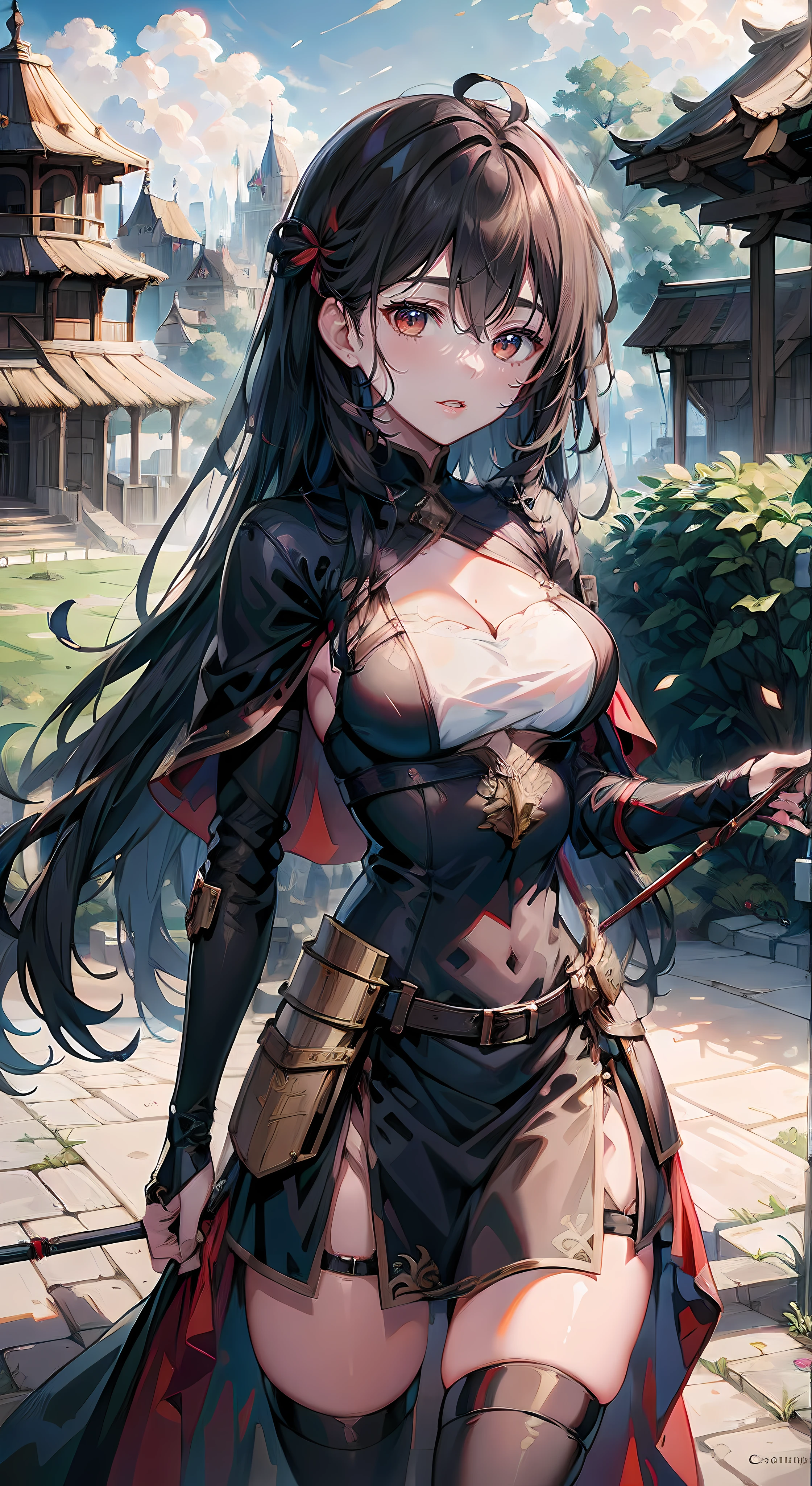 Lily Collins with black curly hair and red hood, Medieval clothes, Bow and arrow in hand, Enter the arena landscape filled with grandstands,The audience watching the illustrations is detailed, Smooth and bright, HD art