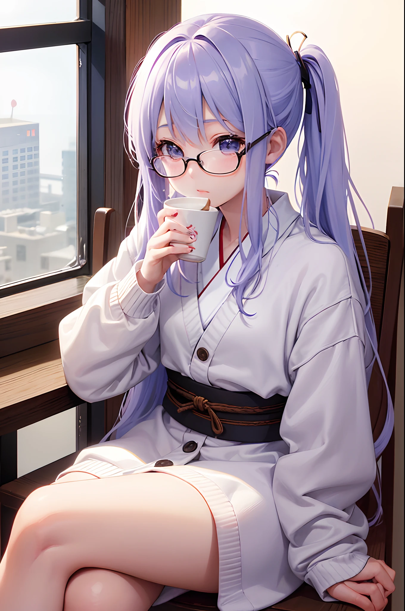 （top-quality）、Girl drinking coffee、poneyTail、eye glass、Hold the coffee cup with both hands、Relax and sit in a chair、Angle from diagonally forward、Remote Location、There is a half-read book on the table、（White cardigan）、Gradient hair color、cute little、（Fantastical）、Japanese anime