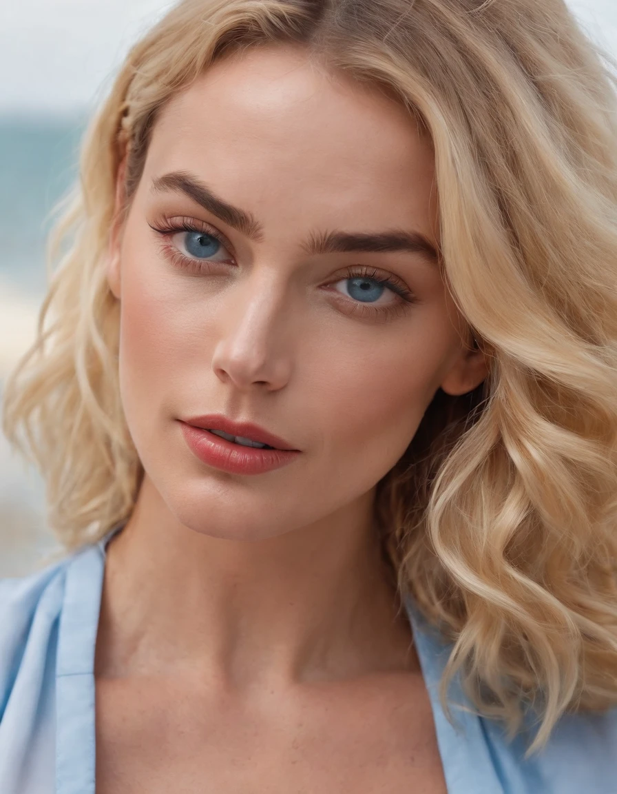 Margot Robbie,(beautiful and bold, seductive and attractive, blue eyes, , long curly golden hair, sweaty body, open shirt, short shorts, thick legs). (Sexy makeup， cinematic effect), (Best quality, masterpiece, depth of field, Full HD, 4K, richness of detail). Portrait style,in the style of sky-blue and red, kidcore, golden age aesthetics, photo taken with provia, graphic and bold, campcore, solarizing master .