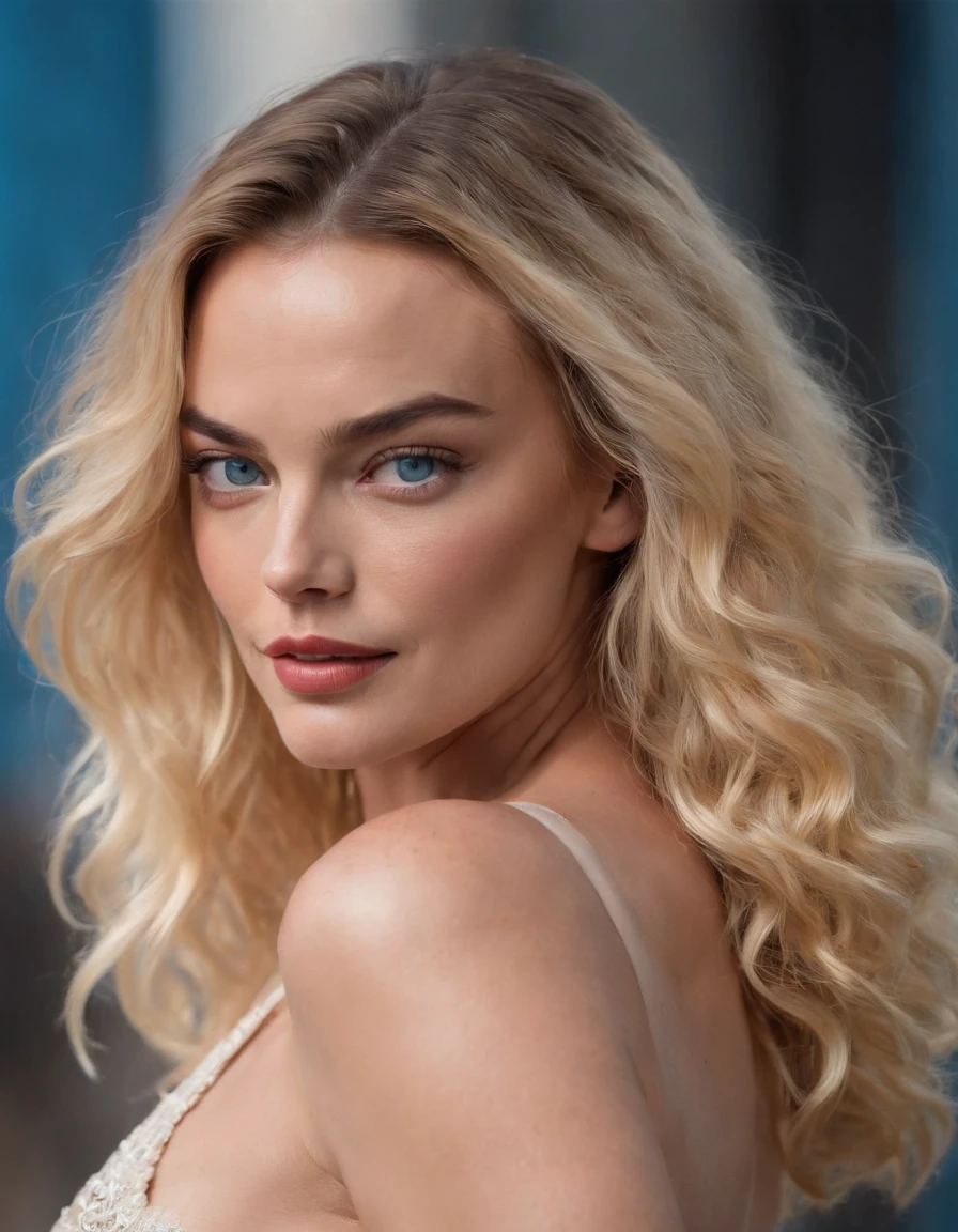 Margot Robbie,(beautiful and bold, seductive and attractive, blue eyes, , long curly golden hair, sweaty body, open shirt, short shorts, thick legs). (Sexy makeup, cinematic effect), (Best quality, masterpiece, depth of field, Full HD, 4K, richness of detail). Portrait style,in the style of sky-blue and red, kidcore, golden age aesthetics, photo taken with provia, graphic and bold, campcore, solarizing master .