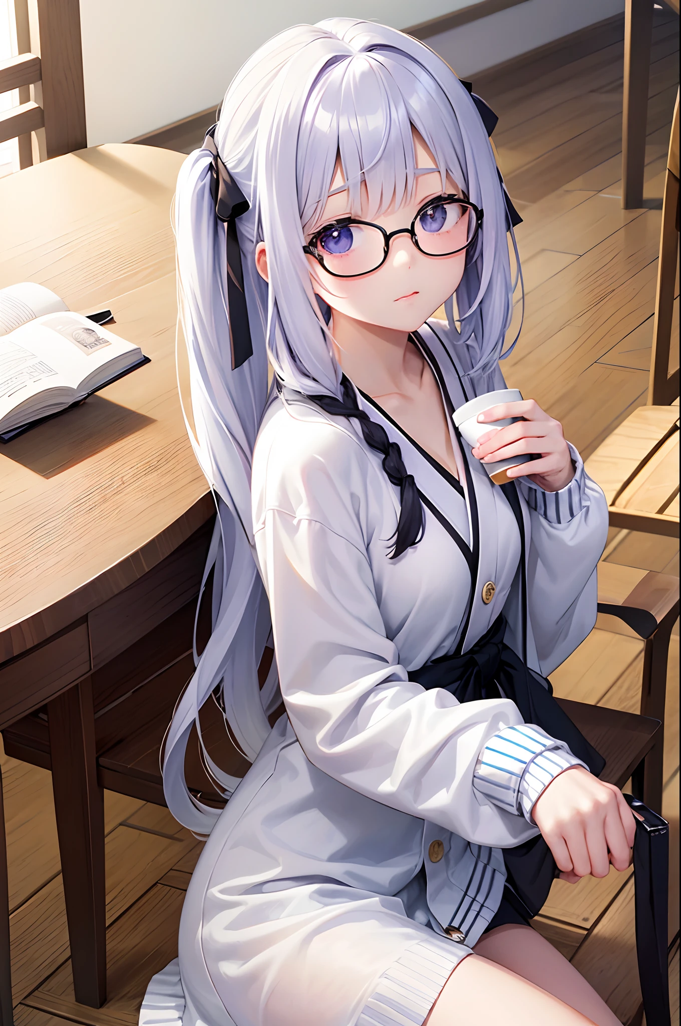 （top-quality）、Girl drinking coffee、poneyTail、eye glass、Hold the coffee cup with both hands、Relax and sit in a chair、Angle from diagonally forward、Remote Location、There is a half-read book on the table、（White cardigan）、Gradient hair color、cute little、（Fantastical）、Japanese anime