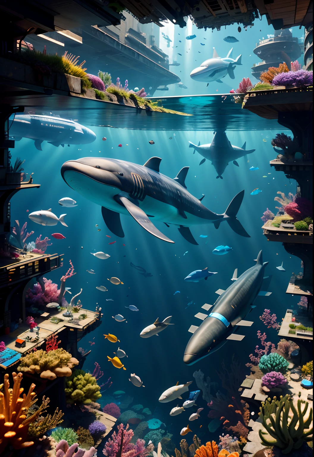 highres, shadows, absurdres, best_quality, ultra_detailed, 8k, extremely_clear, photograph, beautiful, sharp focus, hdr,
underwater, giant whale, fantastic location, dream, flying, underwater cyberpunk city