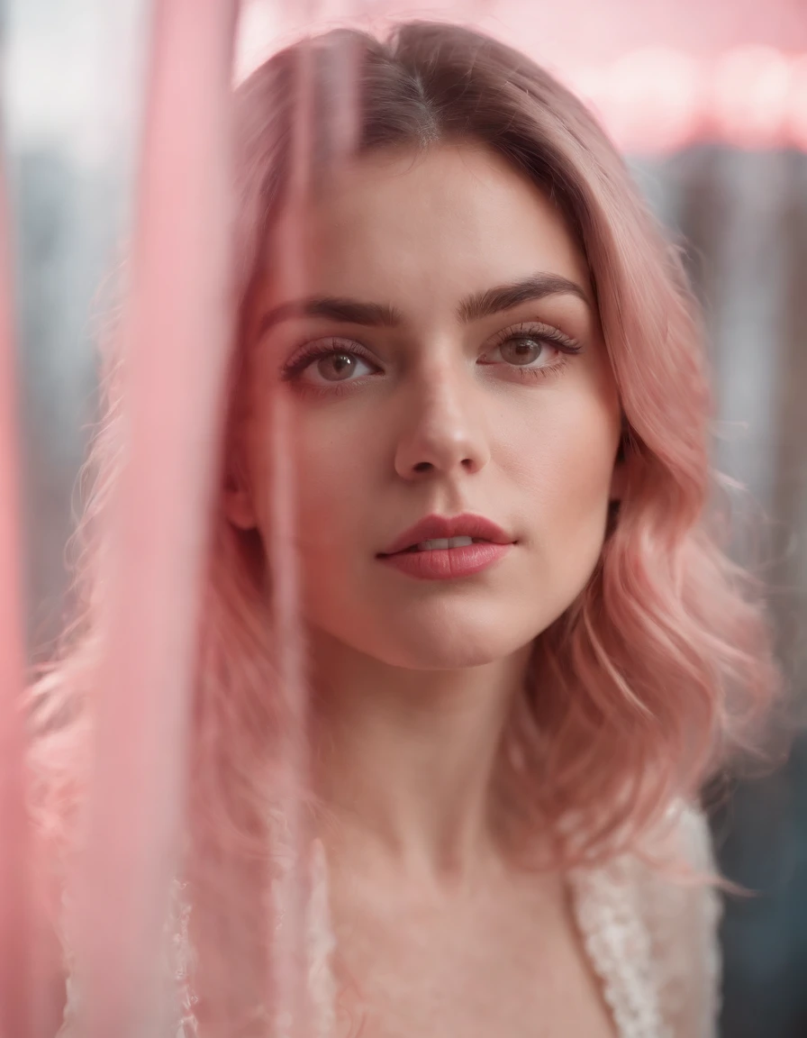 a young woman looking at herself in a glass window, in the style of light pink and light crimson, light painting, tattoo-inspired, panasonic lumix s pro 50mm f/1.4, gritty hollywood glamour, light red and light amber, infrared filters