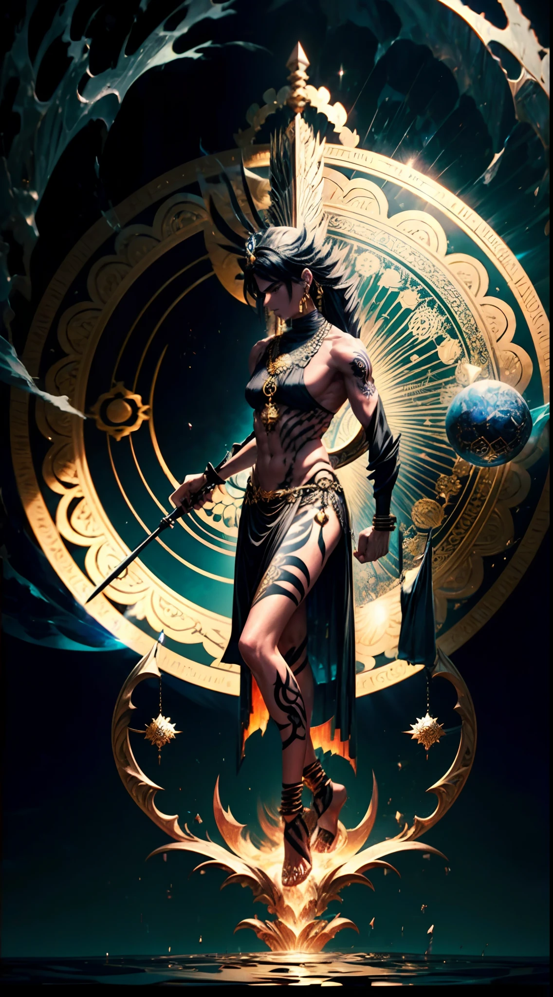 A Mandala floats in the Sky, (An Indian man stands in front of the magic circle facing the camera: 1.4), (entangle, mandala, geometric abstract, tangle),halberd in left hand, grimoire in right hand, Roaring Black tiger floats above, black and gold color theme, masterpiece, surrealism, ray tracing, 4K, glowing light eyes, divine, Biomechanical, Black hair, tattoo body, esoteric art