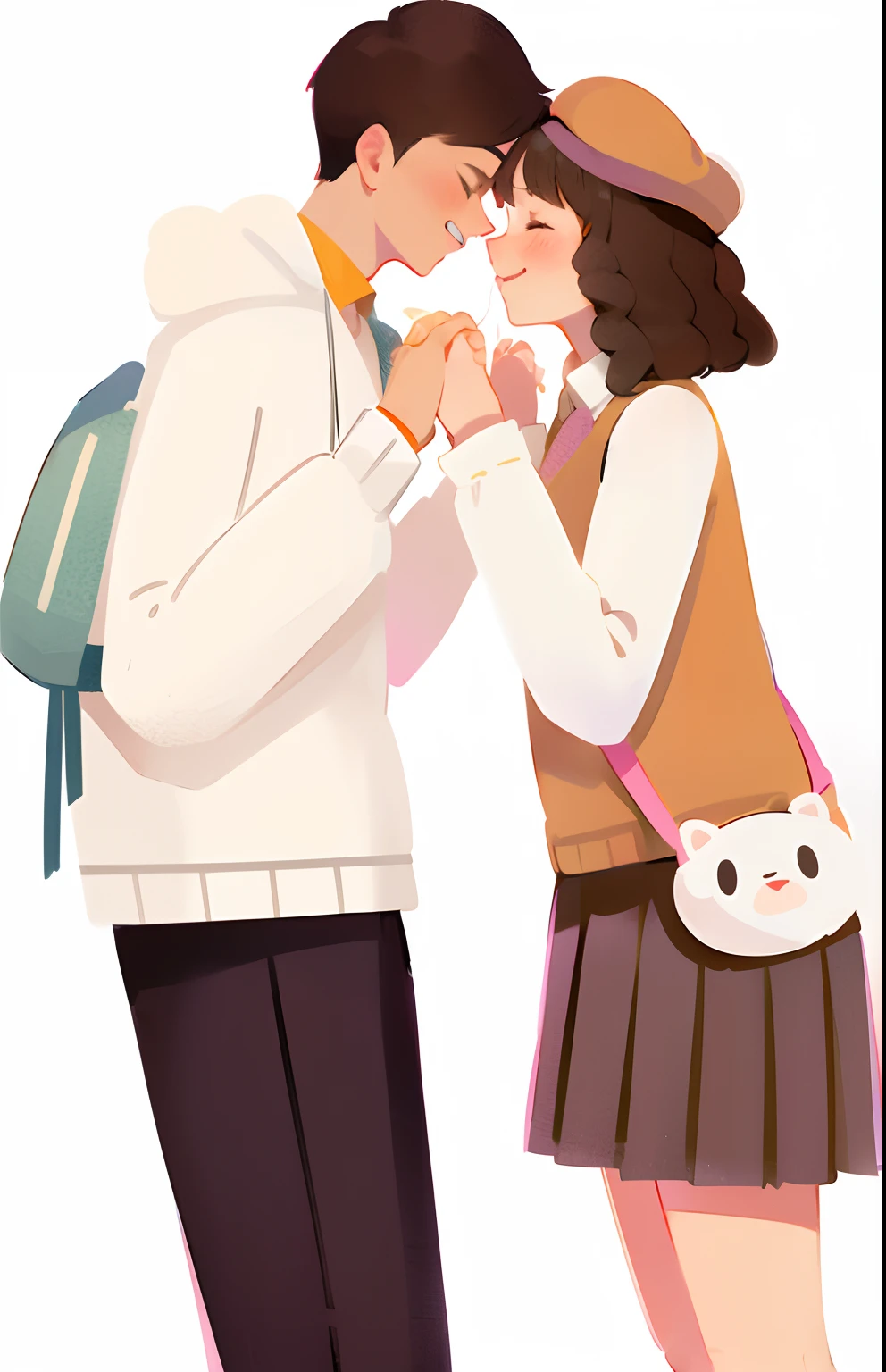 A man and a woman kissed each other in school uniforms, kissing together cutely, kissing together, First kiss of boy and girl, couple kissing, Kissing each other, cute illustration, Kissing, lovely kiss, couple pose, romantic couple, Soft anime illustration, holding each other hands, couple, Boy and girl, Colorful illustration, portrait of two girls kissing
