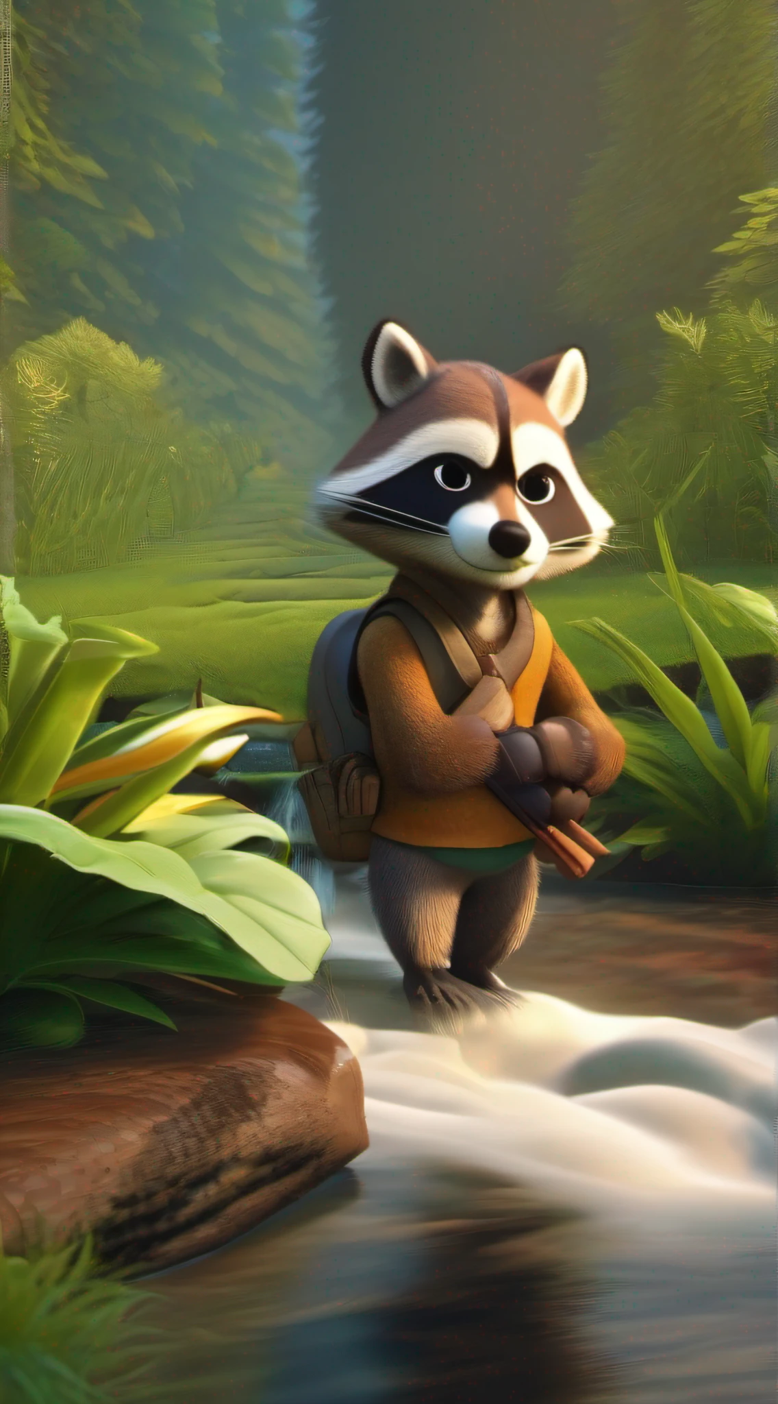 Create an image of the animal friends facing challenges on their quest. Show them courageously crossing a bubbling brook on a wobbly log and solving riddles from a tricky raccoon.