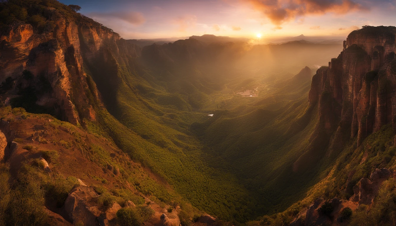 (best quality,4k,8k,Altas,master part:1.2),ultra-detalhado,Realistic,(vivid colors:1.1),Wide-Angle,Horizontal,majestoso,Hipnotizante,grandioso,imenso,Inspirador,espetacular,Panoramic,Natureza intocada,Gigantic cliffs,fundo,Deep canyons,alongamento,Unfathomable depths,rochas multicamadas,cores majestosas,diverse vegetation,florestas verdes,Semelhante ao deserto,seco,arid,Iluminado,brilhando intensamente,maravilha natural,scenic beauty,nascer do sol,Sunset,Montanhas ao longe,Rio majestoso,fluindo serenamente,long-range vision,peaceful atmosphere,alturas imponentes,colossal formation,Impressionado,quiet silence,vast expanse,Distant horizon,magnificent landscape,cercado pela beleza da natureza