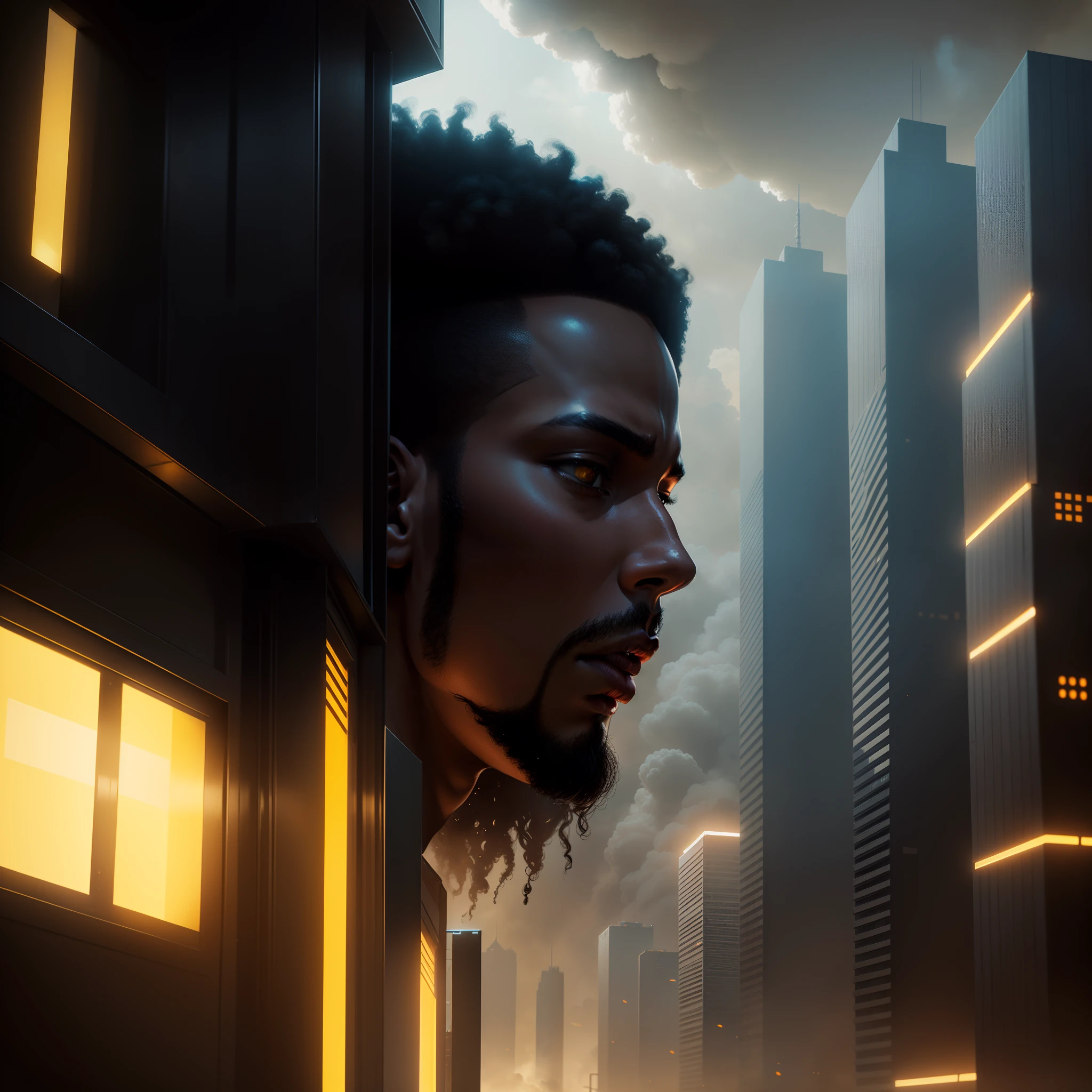 a close up of a black man standing in front of an African designed building, in a dystopia city with yellow smoke in the atmosphere, moody light, with iridescent light, 32k, ultra HD, cinematic lighting, highly-realistic image, artgerm style