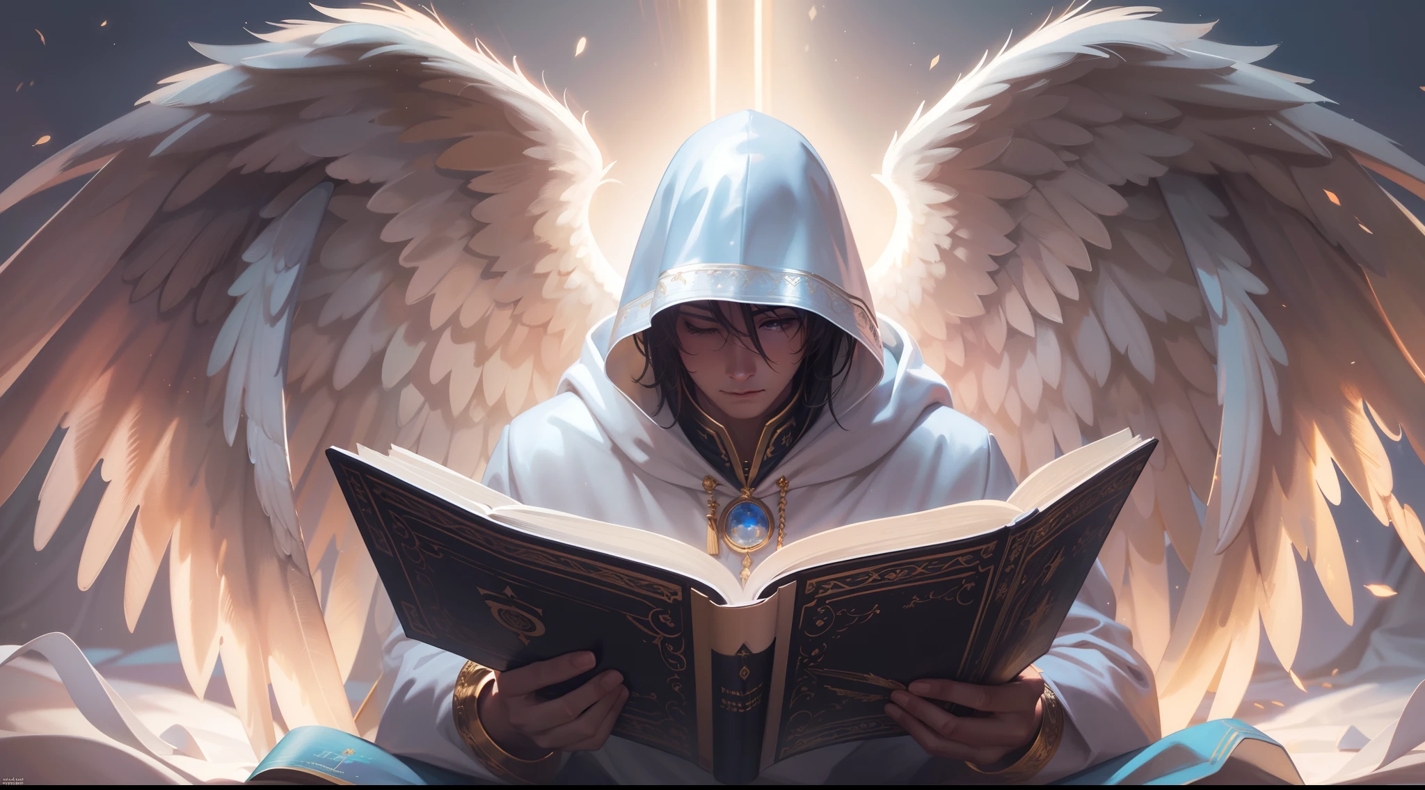 Create an angel sitting with his wings, in a white hood without showing his face celestial style with a holy bible in his hands, cinematic, 8k, epic royal background, big royal uncropped crown, royal jewelry, robotic, nature, full shot, symmetrical, Greg Rutkowski, Charlie Bowater, Beeple, Unreal 5, hyperrealistic, dynamic lighting, fantasy art
