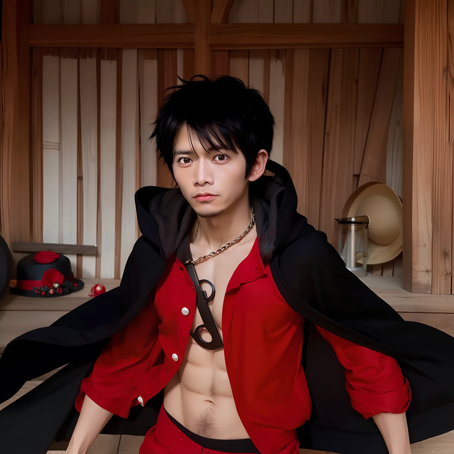 1 man, Monkey D Luffy, red shirt, black robe, straw hat, short hair, black hair, realistic, very detailed, 70mm lens