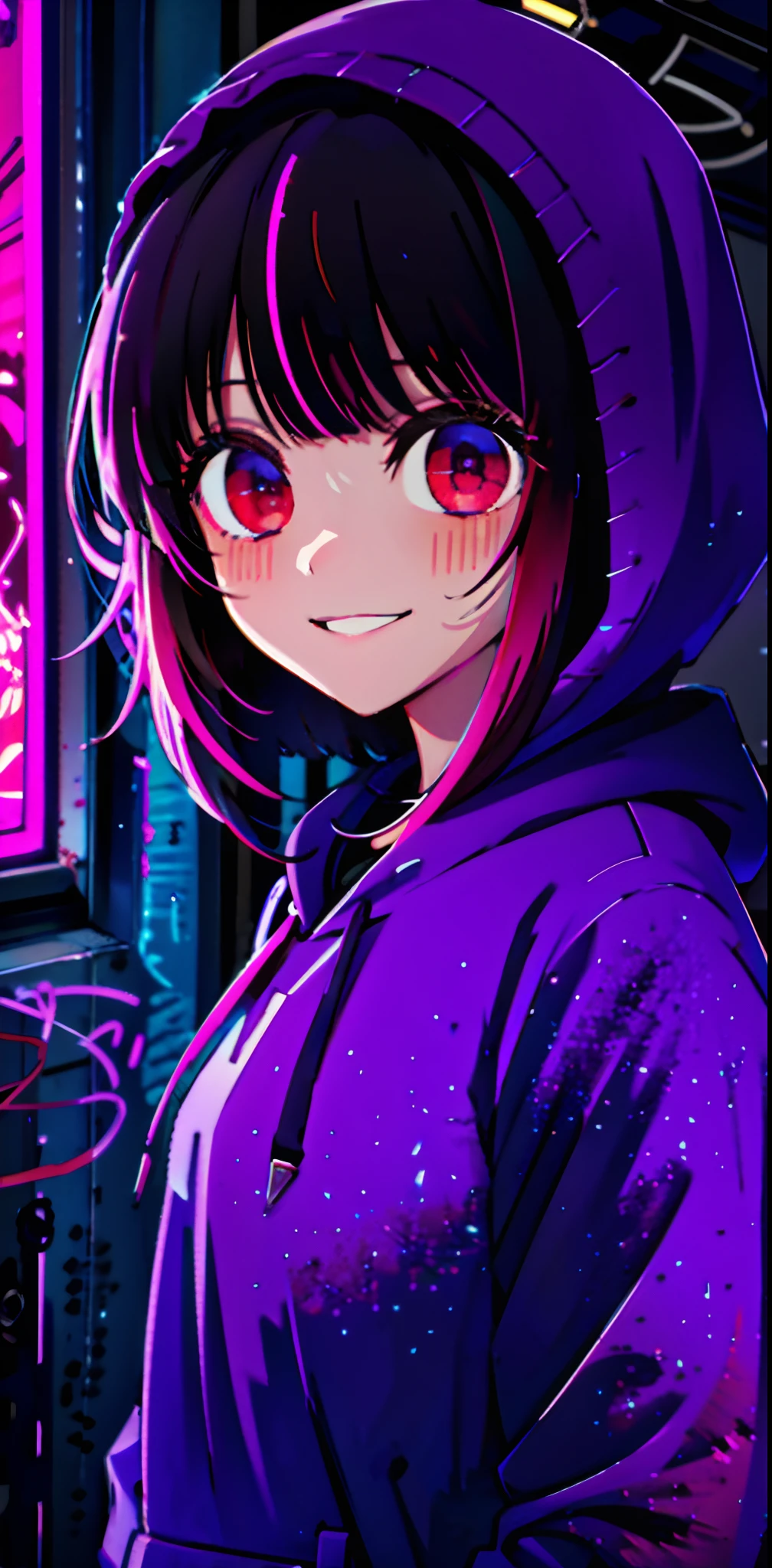 detailed background, masterpiece, best quality, smile, ornament, hoodie, portrait, neon red, graffiti, dark, night, glowing eyes, blacklight