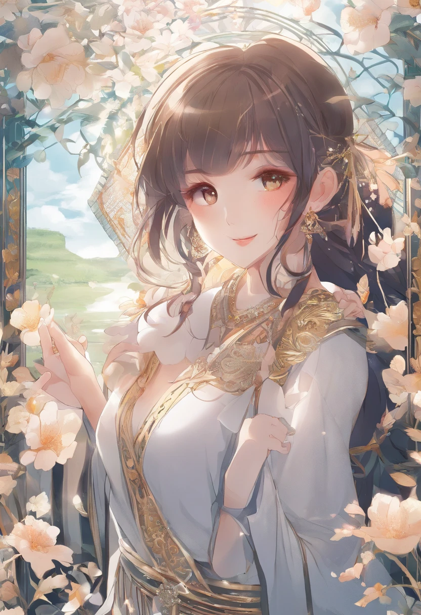 ((of the highest quality, 8K,Raw photo)), (Realistic, Photorealistic: 1.37), (Face Focus: 1.1), Small breasts, A refreshing smile、flat chest, Short hair, A Japanese Lady、20yr old、Japan idol system、(white sweatshirt: 1.1)、Skirt, Sitting, Arms up, From below, Sunlight, Movie Lighting,