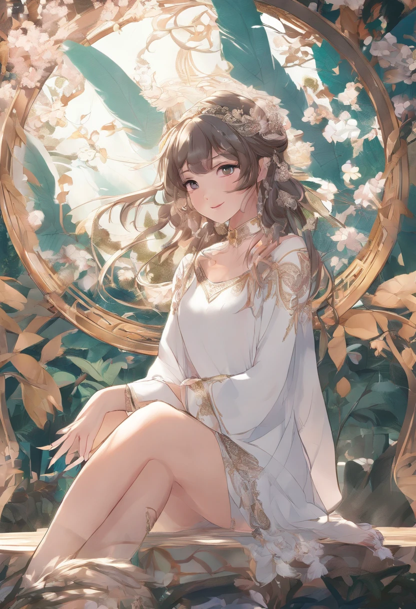 ((of the highest quality, 8K,Raw photo)), (Realistic, Photorealistic: 1.37), (Face Focus: 1.1), Small breasts, A refreshing smile、flat chest, Short hair, A Japanese Lady、20yr old、Japan idol system、(white sweatshirt: 1.1)、Skirt, Sitting, Arms up, From below, Sunlight, Movie Lighting,