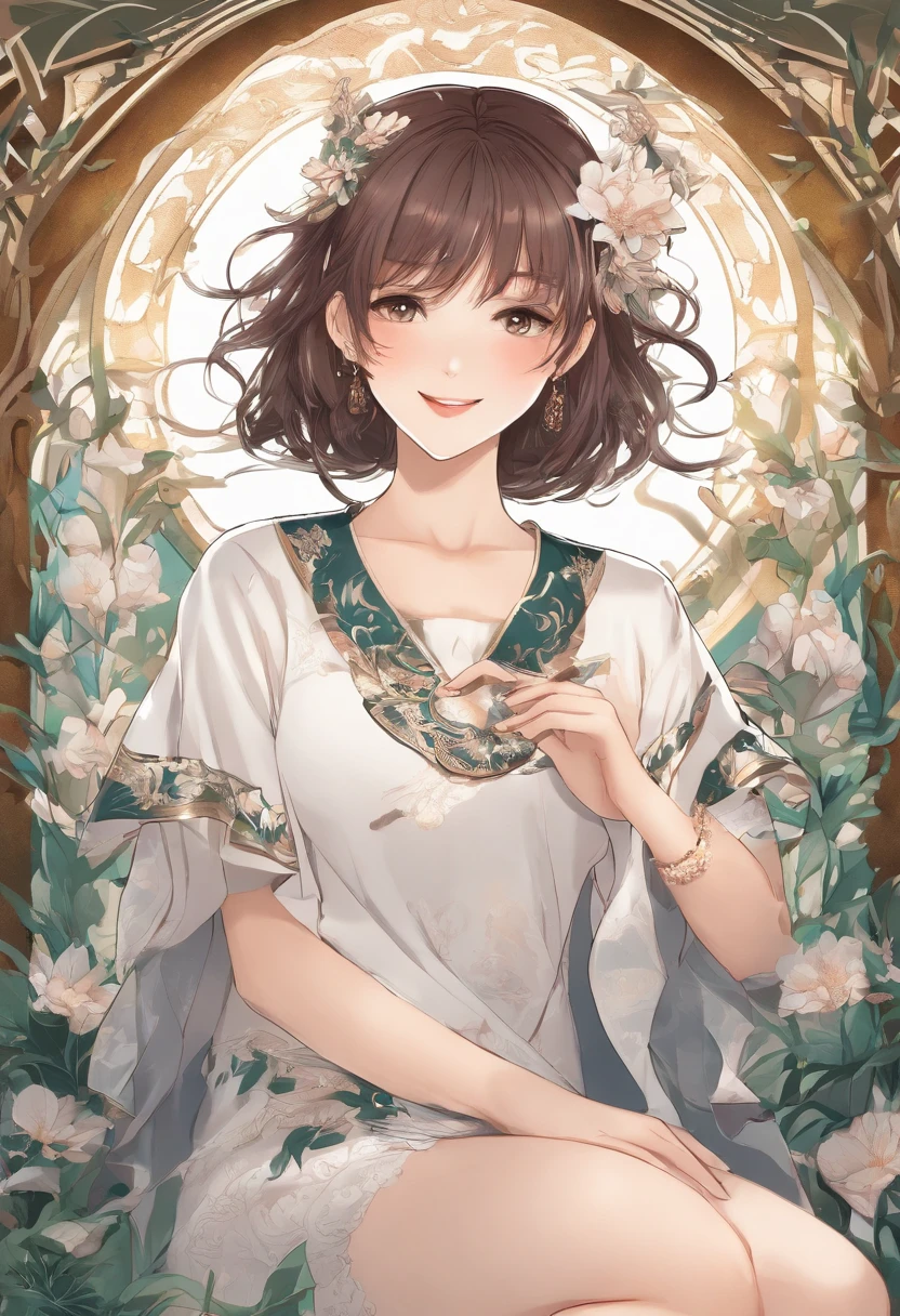 ((of the highest quality, 8K,Raw photo)), (Realistic, Photorealistic: 1.37), (Face Focus: 1.1), Small breasts, A refreshing smile、flat chest, Short hair, A Japanese Lady、20yr old、Japan idol system、(white sweatshirt: 1.1)、Skirt, Sitting, Arms up, From below, Sunlight, Movie Lighting,