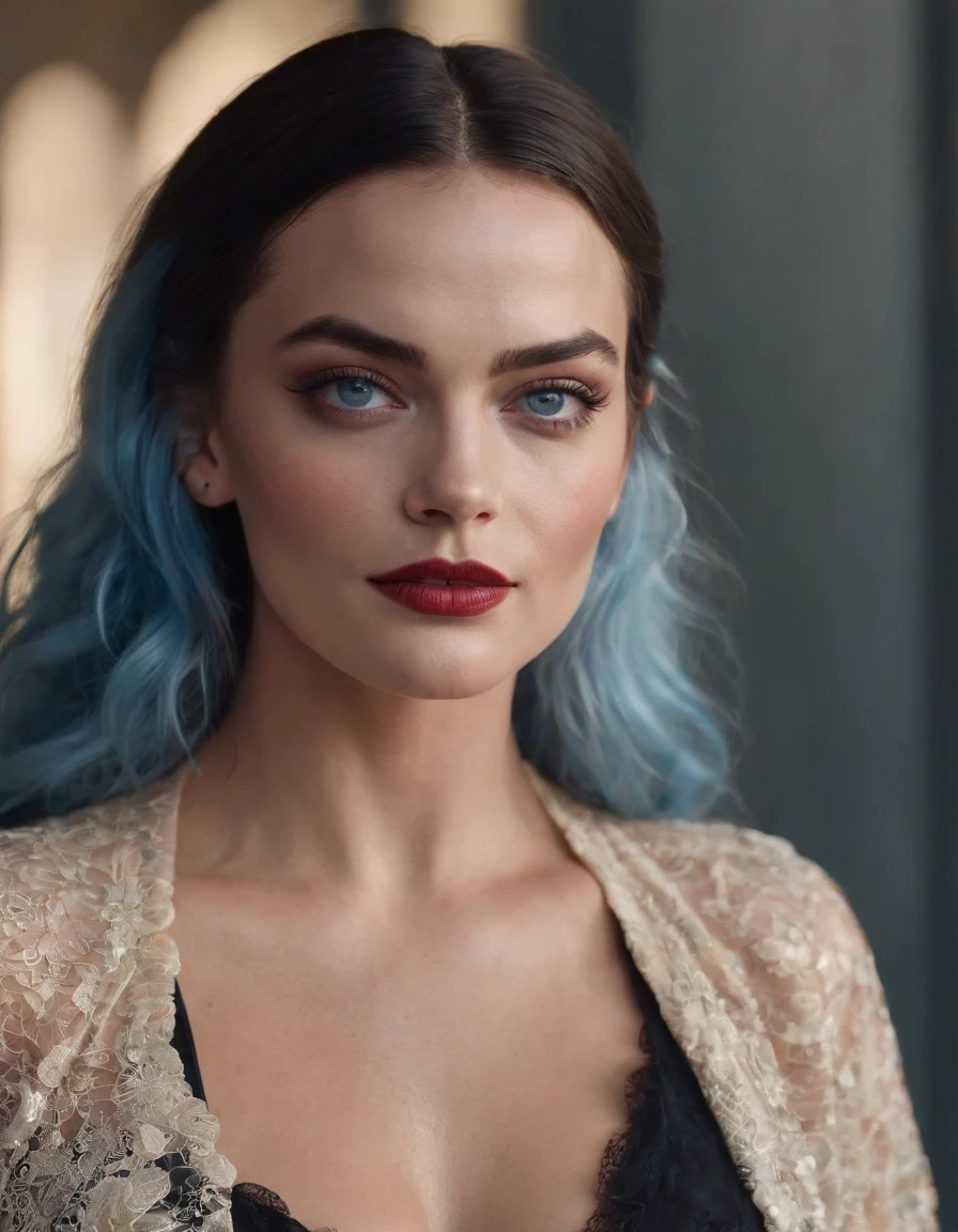Margot Robbie,Harley Quinn style,(beautiful and bold, seductive and attractive, blue eyes, , long curly black hair, sweaty body, open shirt, short shorts, thick legs). (Sexy makeup, Hot figure,cinematic effect), (Best quality, masterpiece, depth of field, Full HD, 4K, richness of detail). Portrait style