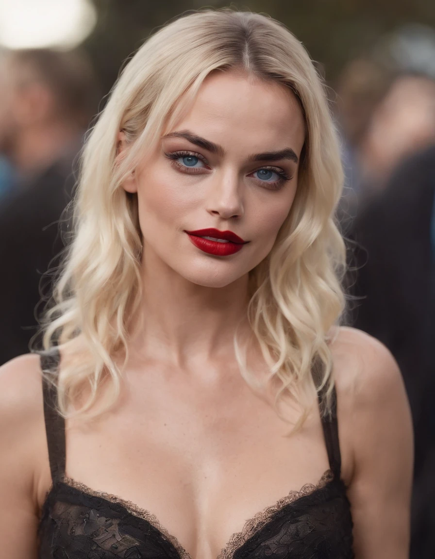 Margot Robbie,Harley Quinn style,(beautiful and bold, seductive and attractive, blue eyes, , long curly black hair, sweaty body, open shirt, short shorts, thick legs). (Sexy makeup, Hot figure,cinematic effect), (Best quality, masterpiece, depth of field, Full HD, 4K, richness of detail). Portrait style