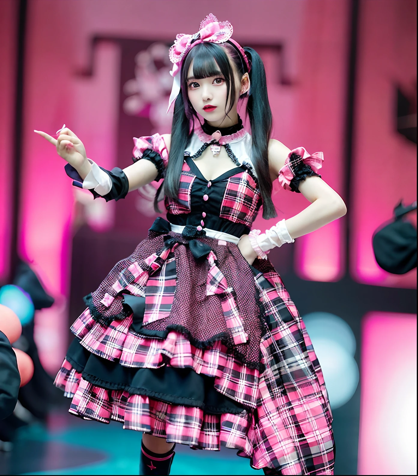 Arafe girl in pink and black dress with microphone, angelic pretty, Lolita style, Lolita Fashion, Belle Delphine, style of magical girl, dollpunk, ❤🔥🍄🌪, baroque visual kei decora art, witch clothing, decora inspired, fairycore, sakimichan, kawaii decora rainbowcore, pastel goth aesthetic