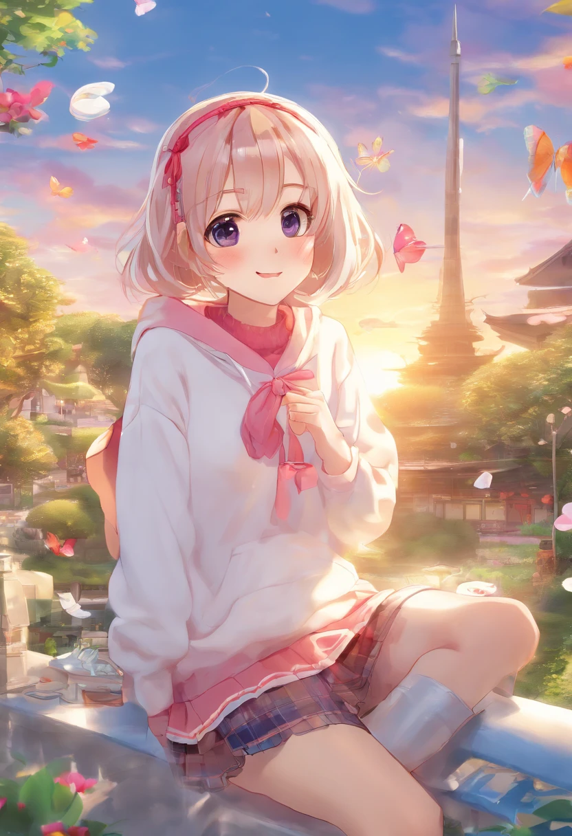 ((of the highest quality, 8K,Raw photo)), (Realistic, Photorealistic: 1.37), (Face Focus: 1.1), Small breasts, flat chest, Longhaire, A Japanese Lady、20yr old、Japan idol system、(white sweatshirt: 1.1)、Skirt, Sitting, Arms up, From below, Sunlight, Movie Lighting,