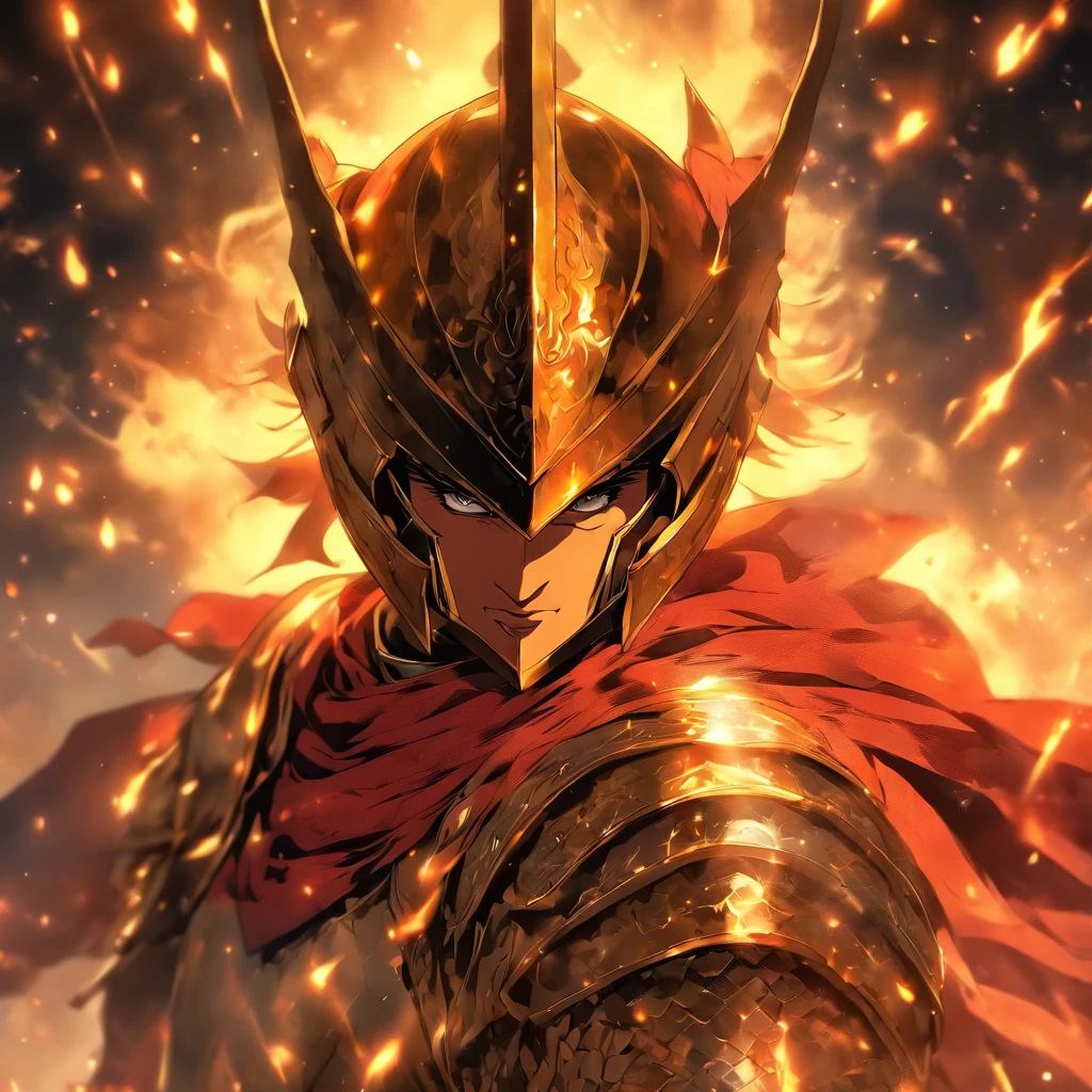 Knight of Sagittarius, homem, solo, anime,illustration,armadura altamente detalhada,Olhos luminosos,fierce expression