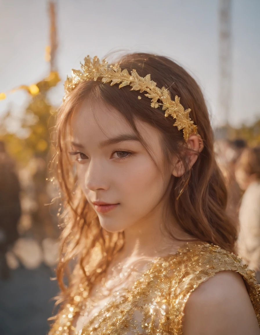 a girl with gold tinsel in her hair poses to take the photo, in the style of 21st century, pantonepunk, childlike, golden light, party kei.