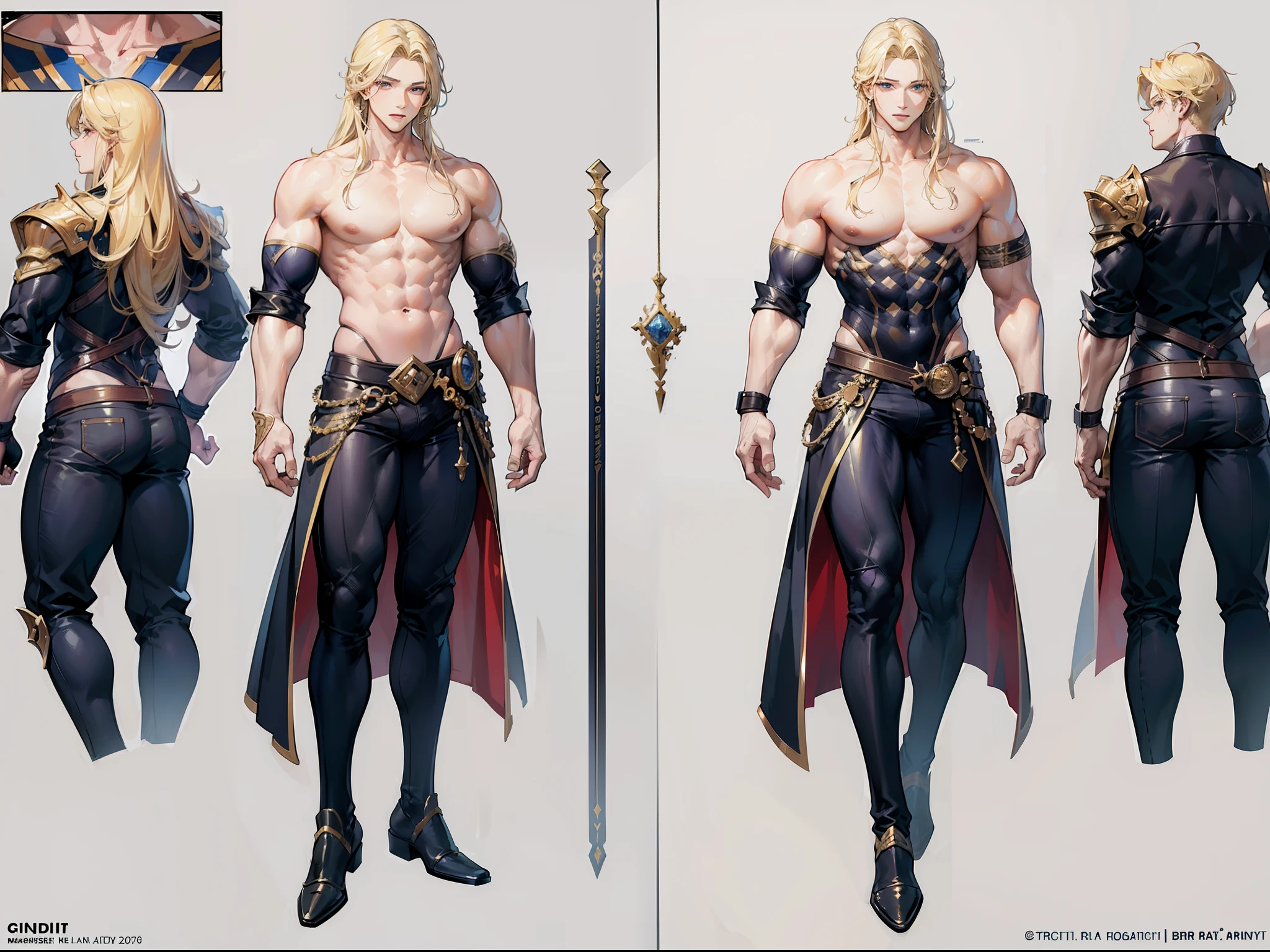 ((Masterpiece, Highest quality)), Detailed face, character design sheet, full bodyesbian, Full of details, body front view, body back view, Highly detailed, Depth, Many parts, Muscle boy with blonde long hair，handsome man, muscle body, outfit male gods, man tall