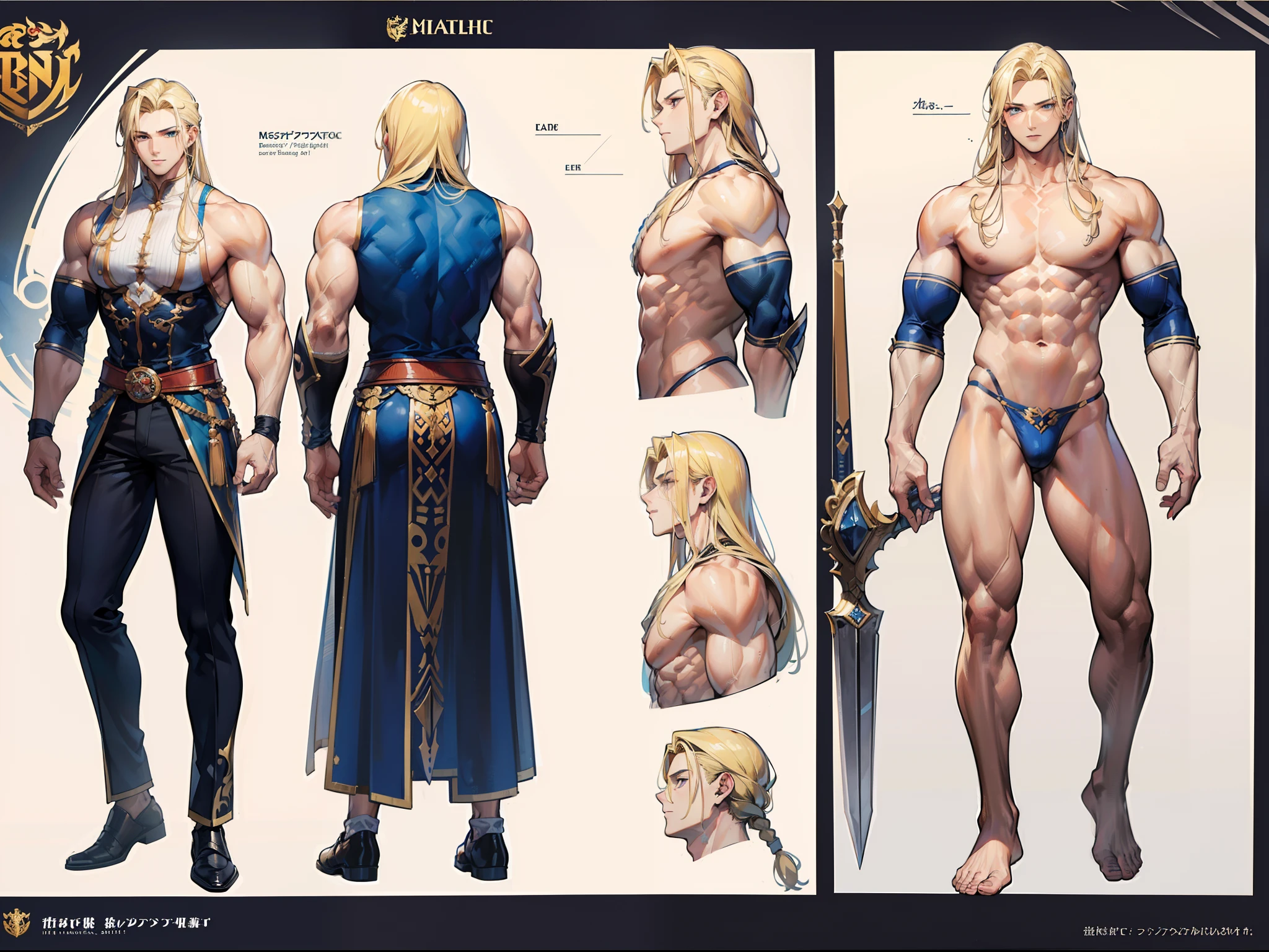 ((Masterpiece, Highest quality)), Detailed face, character design sheet, full bodyesbian, Full of details, body front view, body back view, Highly detailed, Depth, Many parts, Muscle boy with blonde long hair，handsome man, muscle body, outfit male gods, man tall