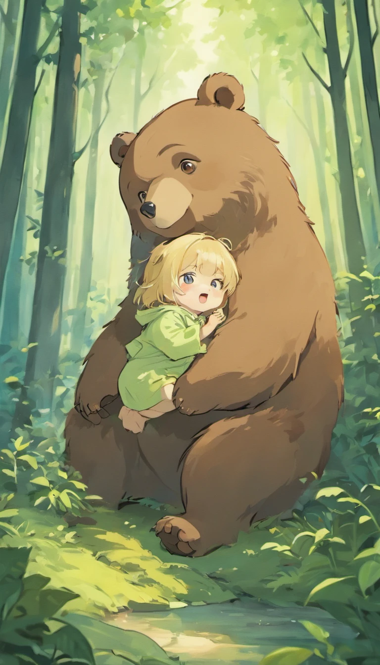 Coloring book of a baby bear in the forest, cartoon style, thick lines, no color, white background, strokes only