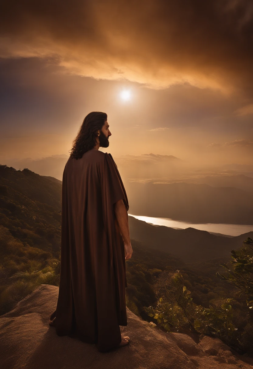 Gere uma imagem de Jesus estilo realista, The paradise of the celestial background , olhando para frente .com cabelos pretos e curtos e sem barba. His eyes are kind and expressive,, garanta que a imagem seja de alta qualidade e rica em detalhes, capturing the essence of Jesus , pele altamente detalhada: 1,2 8k uhd , 20MP, Fujifilm XT3, 80mm, sentado em um tapete com um fundo de estrelas e nebulosas, facing the camera, foto ultra realista, UHD, 3D, 8kk