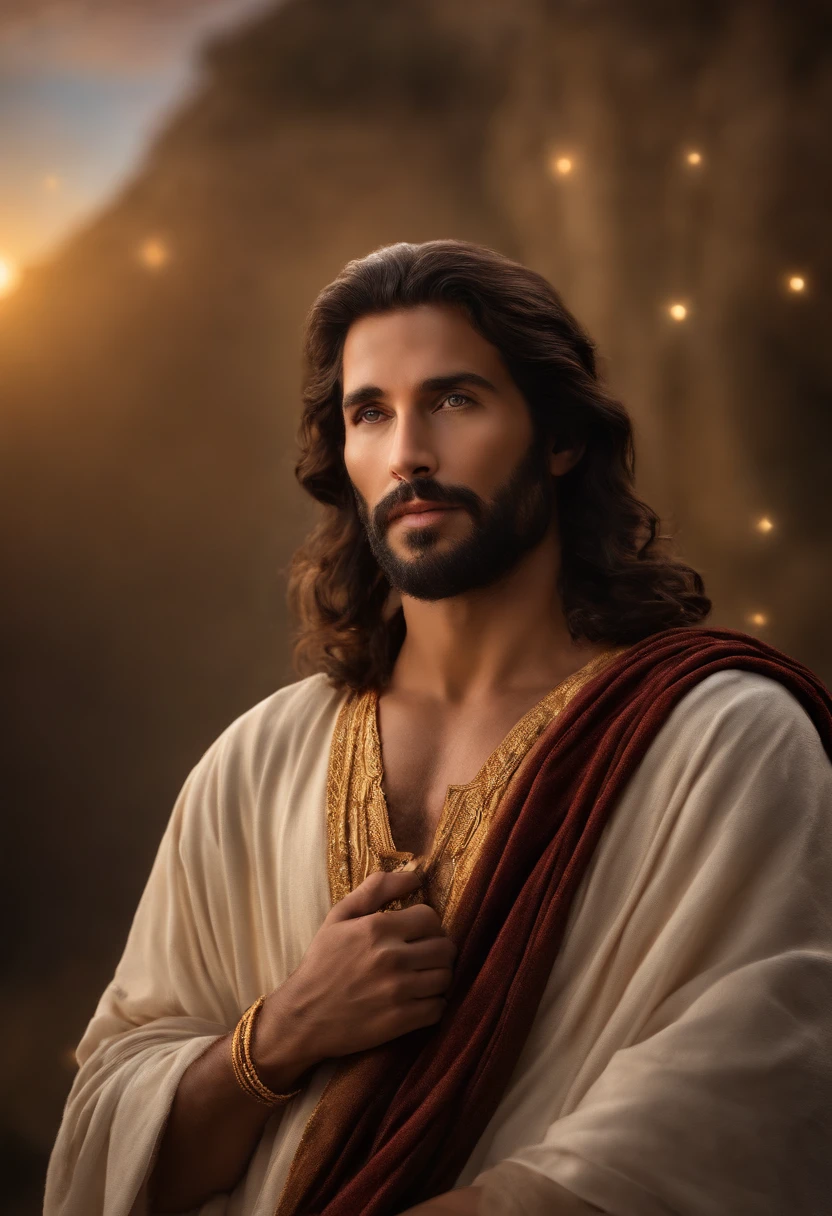Gere uma imagem de Jesus estilo realista, The paradise of the celestial background , olhando para frente .com cabelos pretos e curtos e sem barba. His eyes are kind and expressive,, garanta que a imagem seja de alta qualidade e rica em detalhes, capturing the essence of Jesus , pele altamente detalhada: 1,2 8k uhd , 20MP, Fujifilm XT3, 80mm, sentado em um tapete com um fundo de estrelas e nebulosas, facing the camera, foto ultra realista, UHD, 3D, 8kk