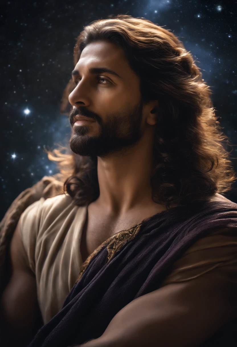 Gere uma imagem de Jesus estilo realista, The paradise of the celestial background , olhando para frente .com  cabelos pretos e curtos e sem barba. His eyes are kind and expressive,, garanta que a imagem seja de alta qualidade e rica em detalhes, capturing the essence of Jesus , pele altamente detalhada: 1,2 8k uhd , 20MP, Fujifilm XT3, 80mm, sentado em um tapete com um fundo de estrelas e nebulosas, facing the camera, foto ultra realista, UHD, 3D, 8kk