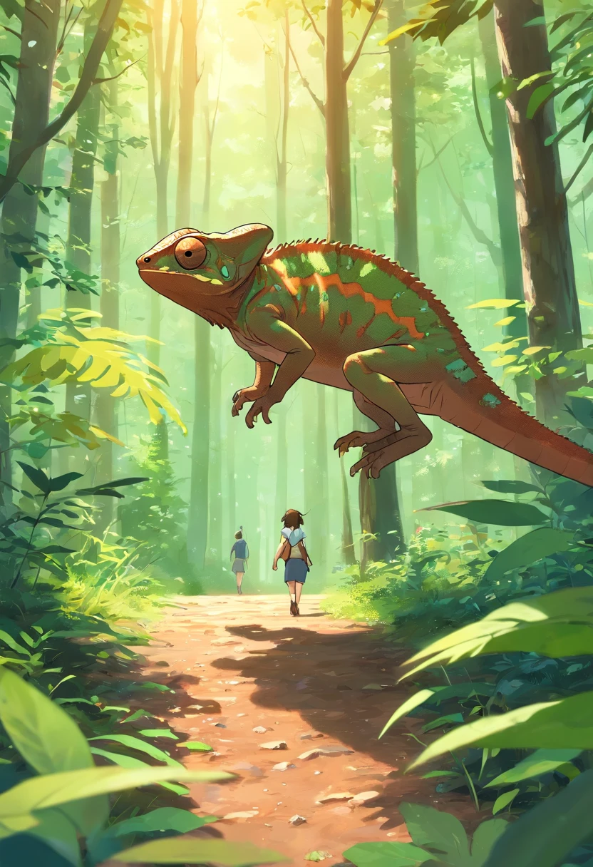 Small brown chameleon , Walking in the forest,Rear view, ((masterpiece)) ,Background in the forest,Ultra-high definition and ultra-high resolution